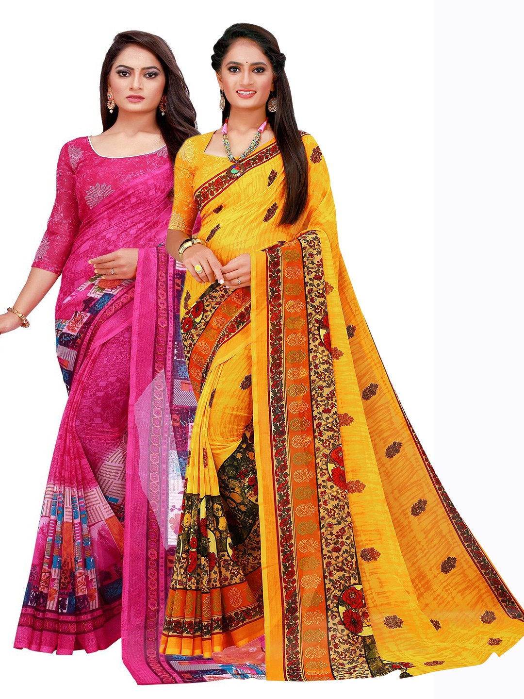 

Florence Magenta & Yellow Printed Pure Georgette Saree Pack Of 2