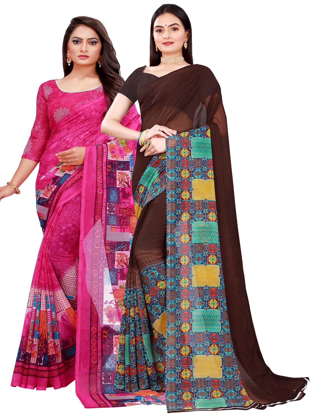 

Florence Pack of 2 Brown & Yellow Floral Printed Saree