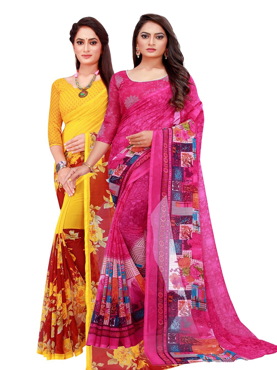 Florence Pack Of 2 Magenta & Yellow Pure Georgette Saree