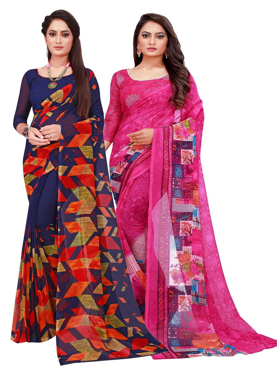 

Florence Navy Blue & Magenta Set of 2 Pure Georgette Saree