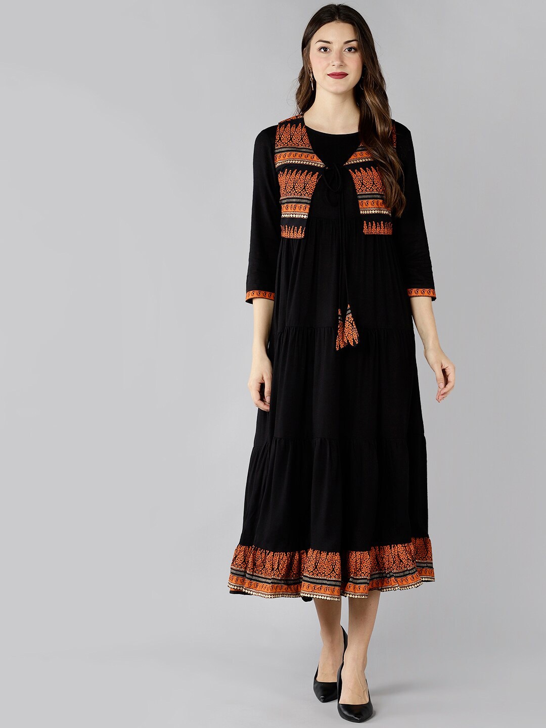 

ZNX Clothing Black & Orange Maxi Dress With Printed Jacket