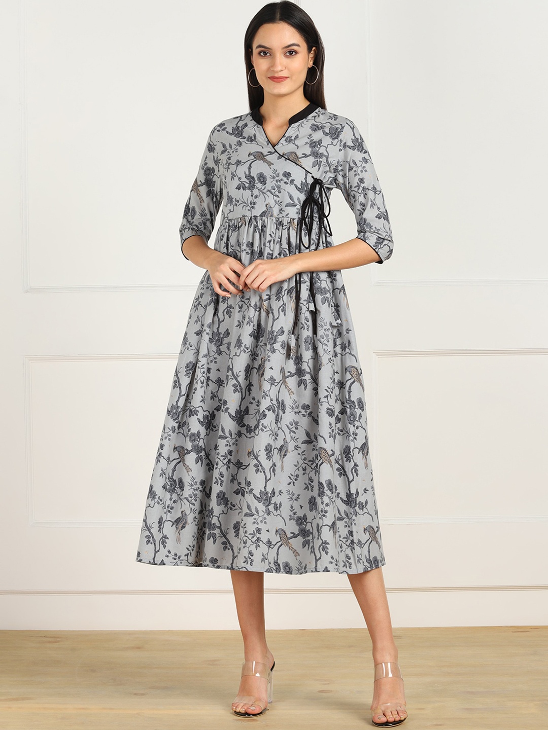 

ZNX Clothing Grey Floral Ethnic Cotton A-Line Midi Dress