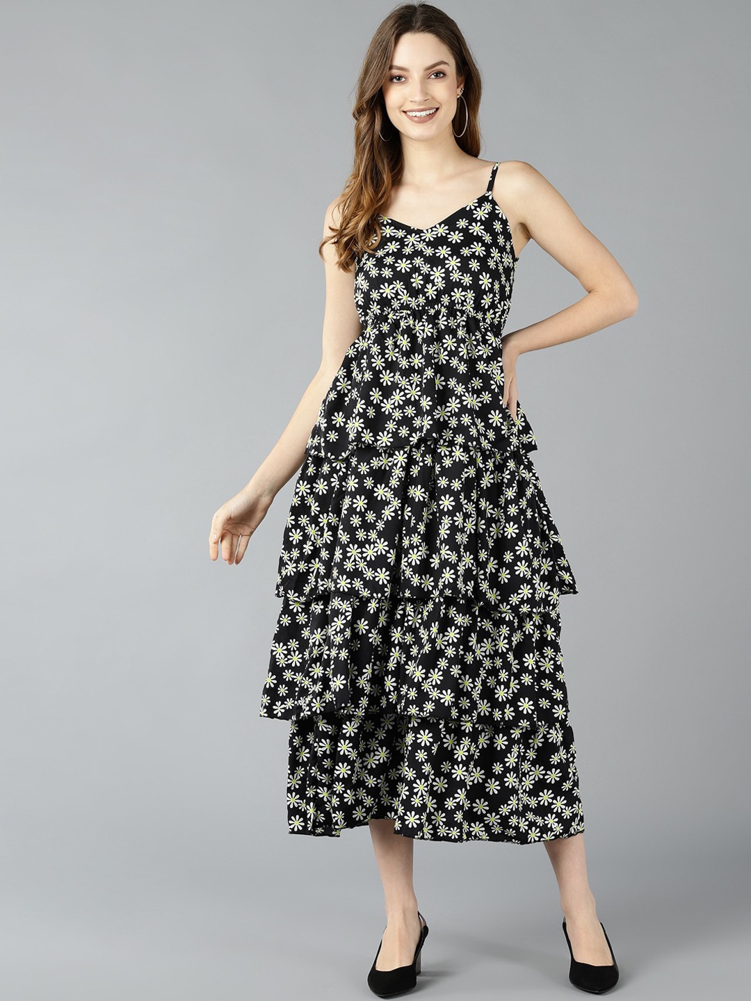 

ZNX Clothing Women Black Floral Crepe Midi Dress