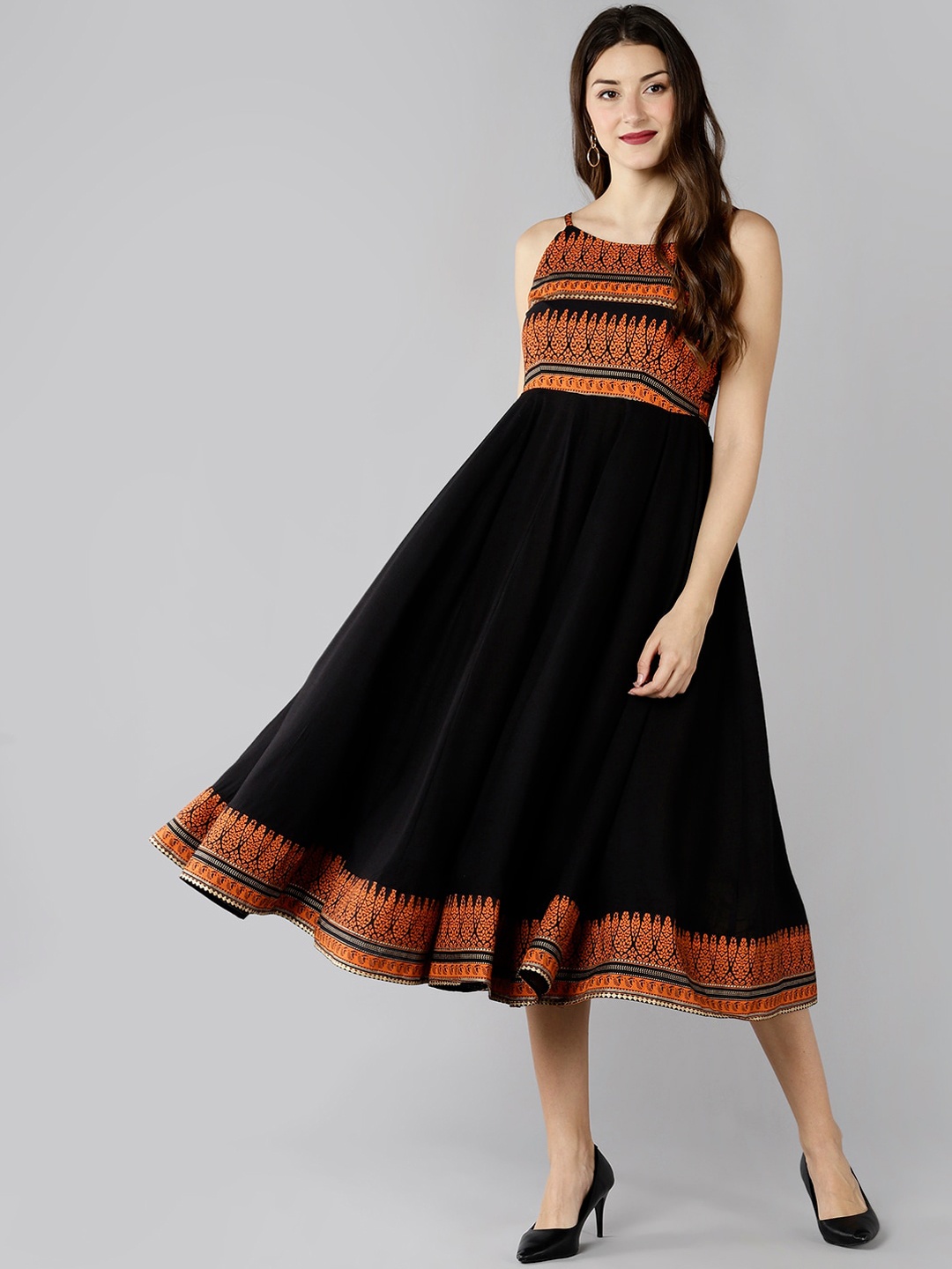 

ZNX Clothing Black Ethnic Motifs Printed Empire Midi Dress