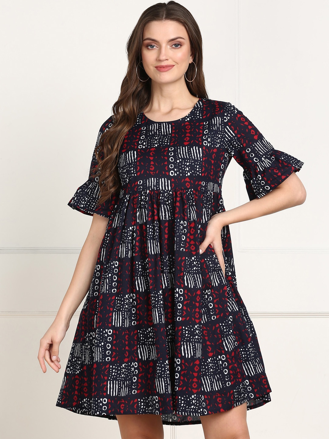 

ZNX Clothing Blue & Red Printed Fit and Flare Dress