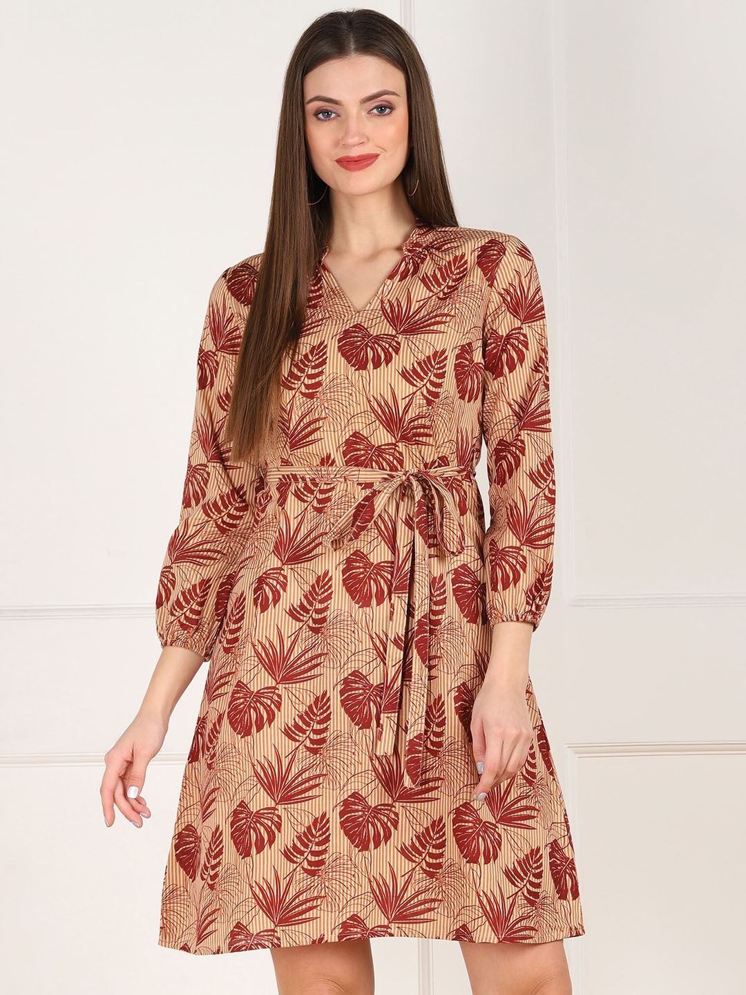 

ZNX Clothing Women Brown Tropical Print Cotton Dress