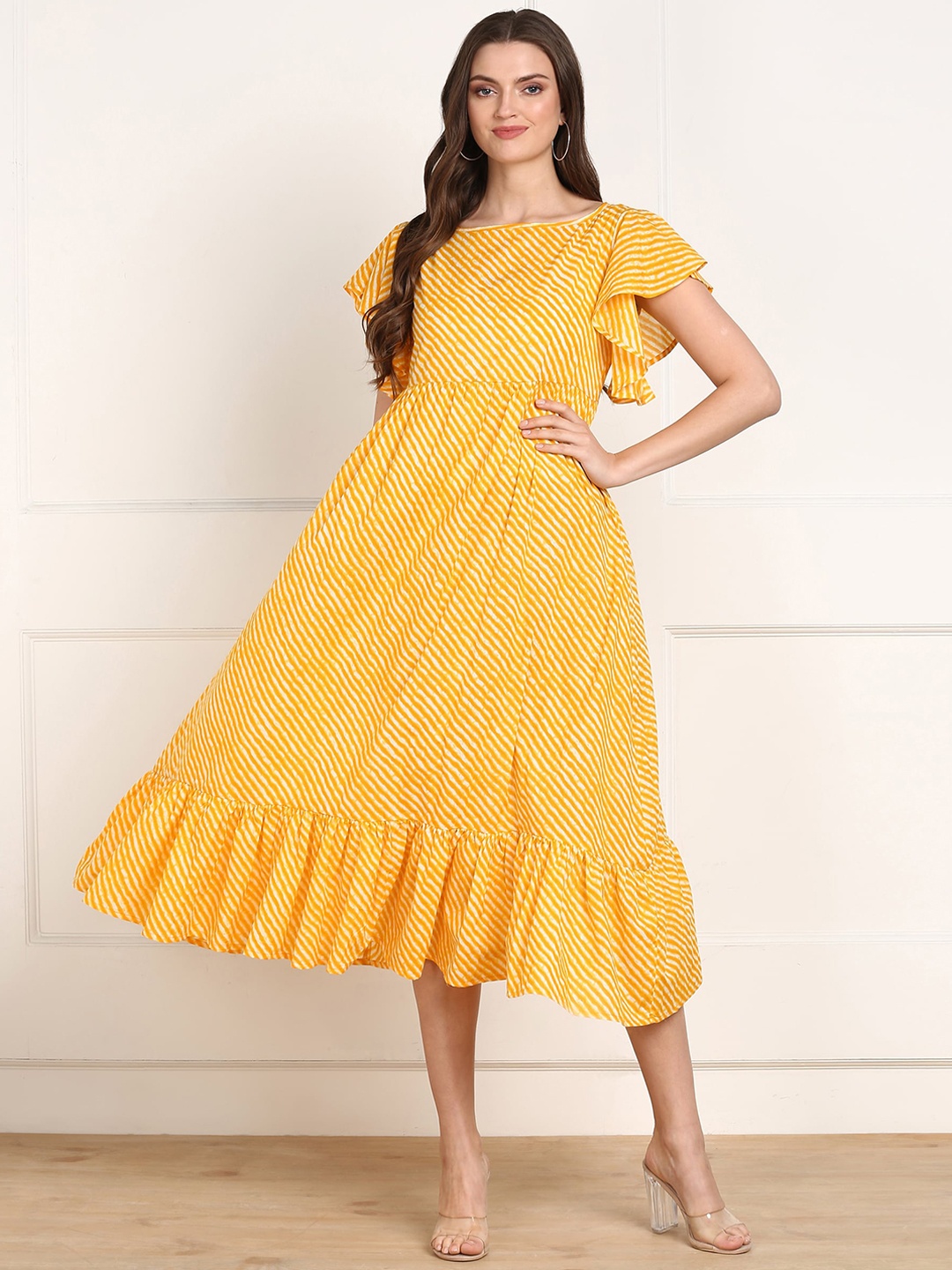 

ZNX Clothing Yellow & White Leheriya Print Midi Dress