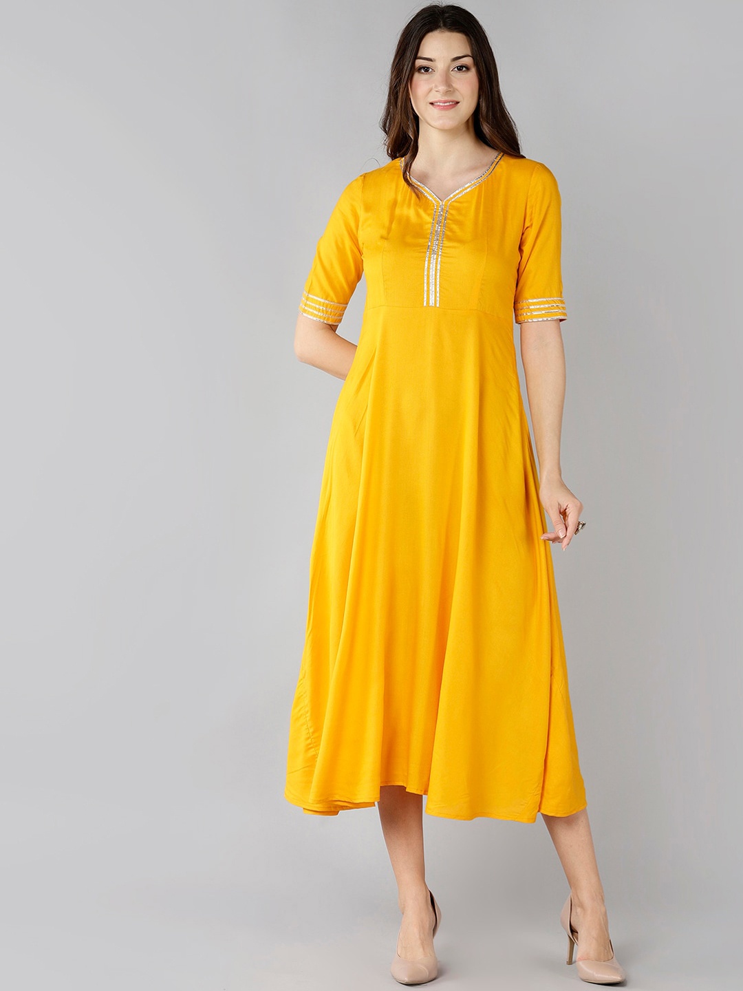 

ZNX Clothing Women Yellow A-Line Midi Dress