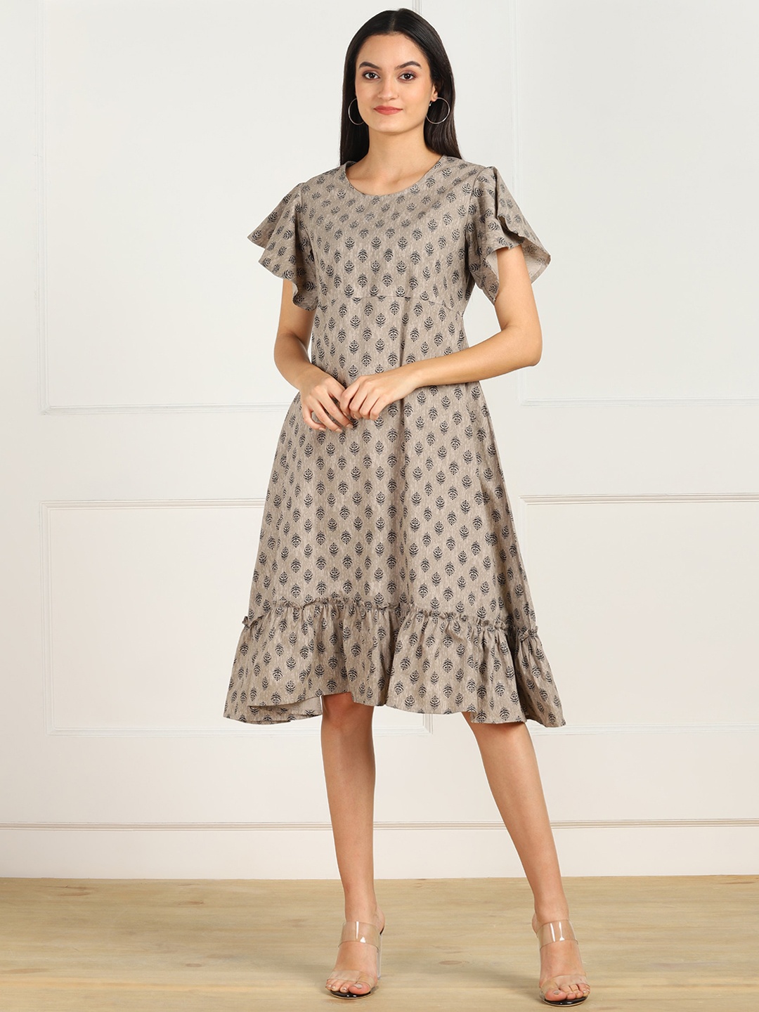 

ZNX Clothing Brown Ethnic Motifs Printed A-Line Dress