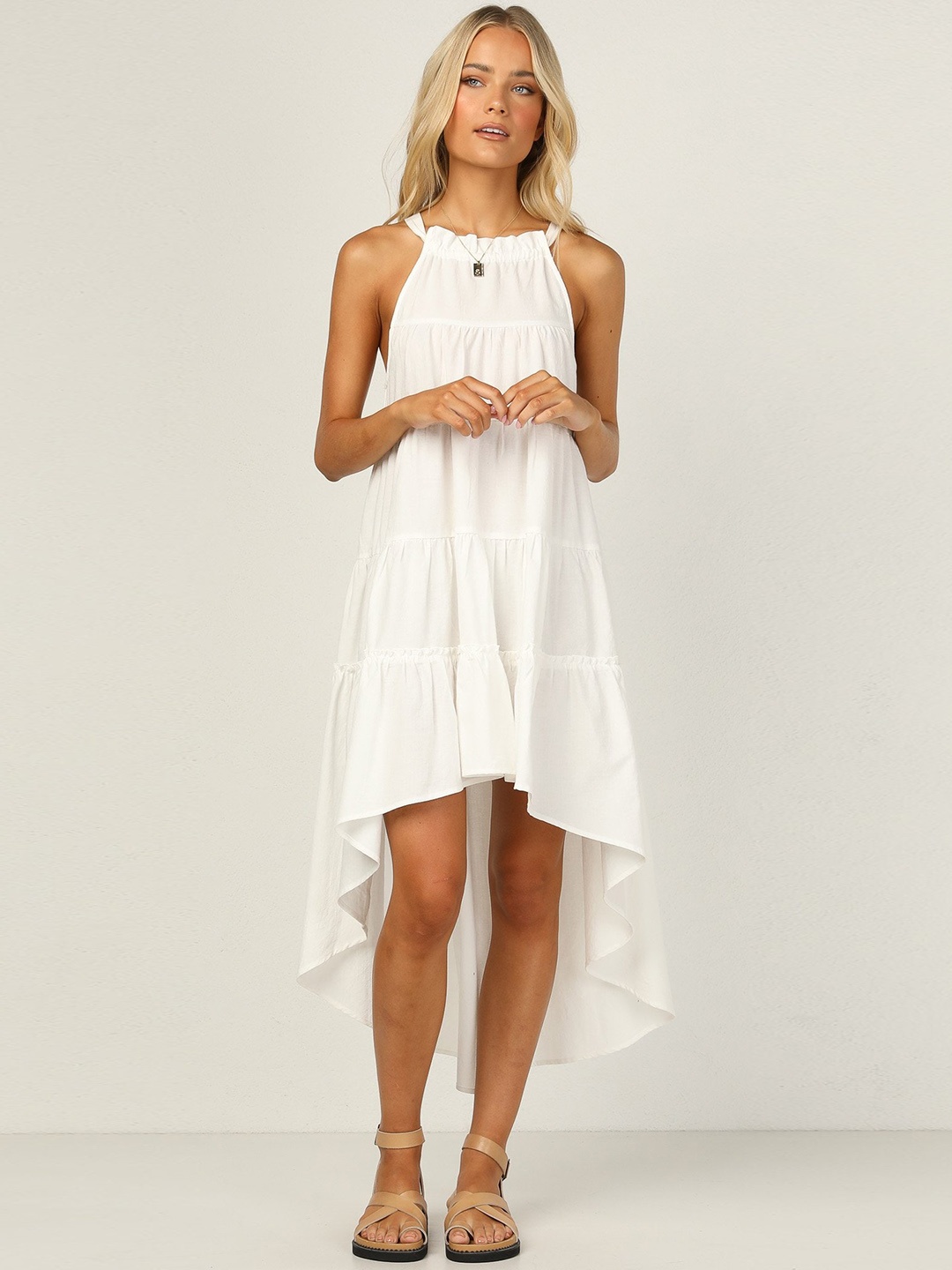 

ZNX Clothing White Solid Tiered High-low Dress