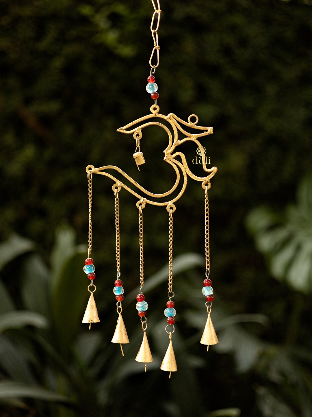 

DULI Gold-Toned & Red Om Shaped Wall Hanging Wind Chime with Hanging Bells