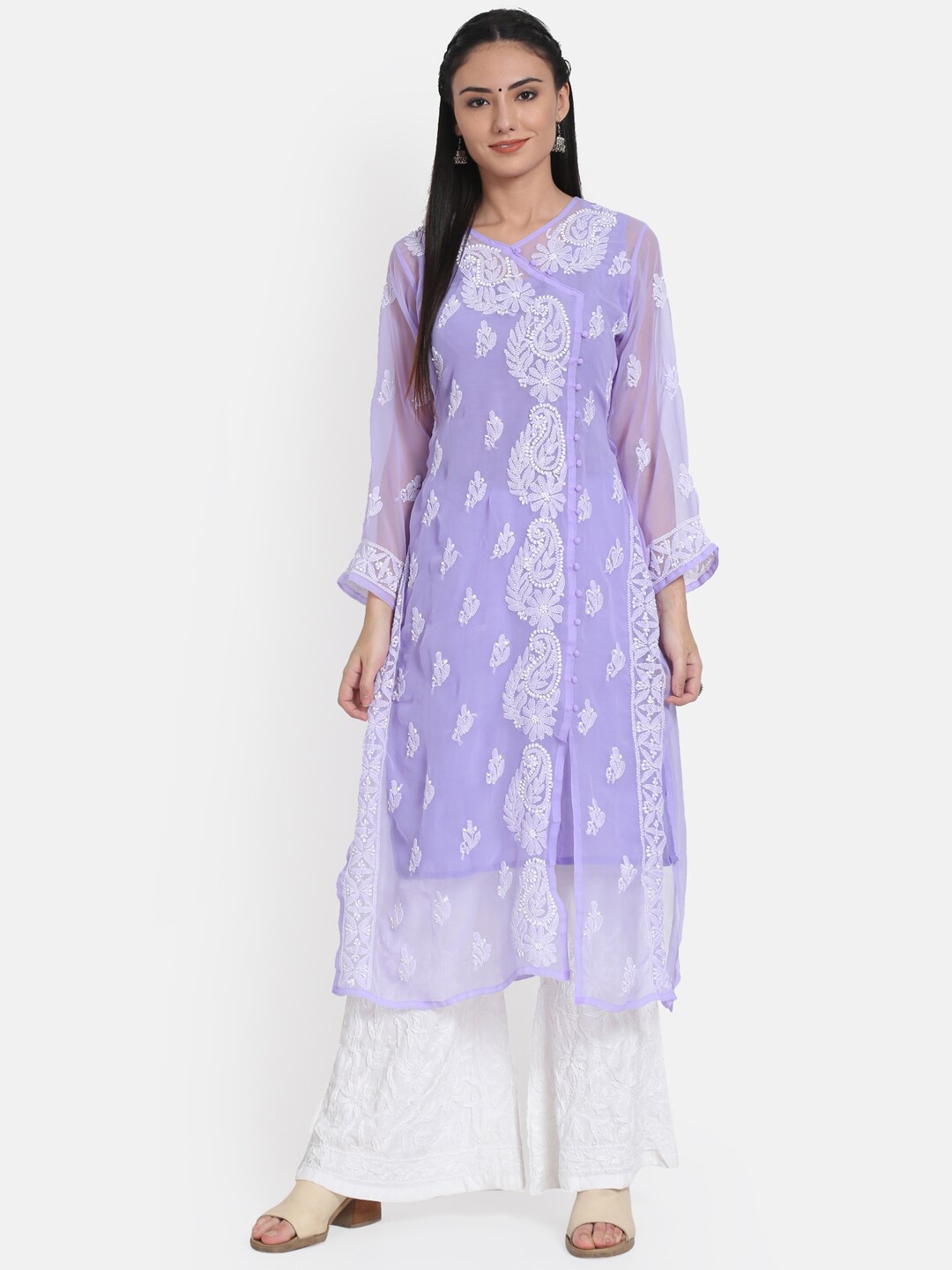 

PARAMOUNT CHIKAN Women Mauve Ethnic Motifs Embroidered Chikankari Georgette Kurta