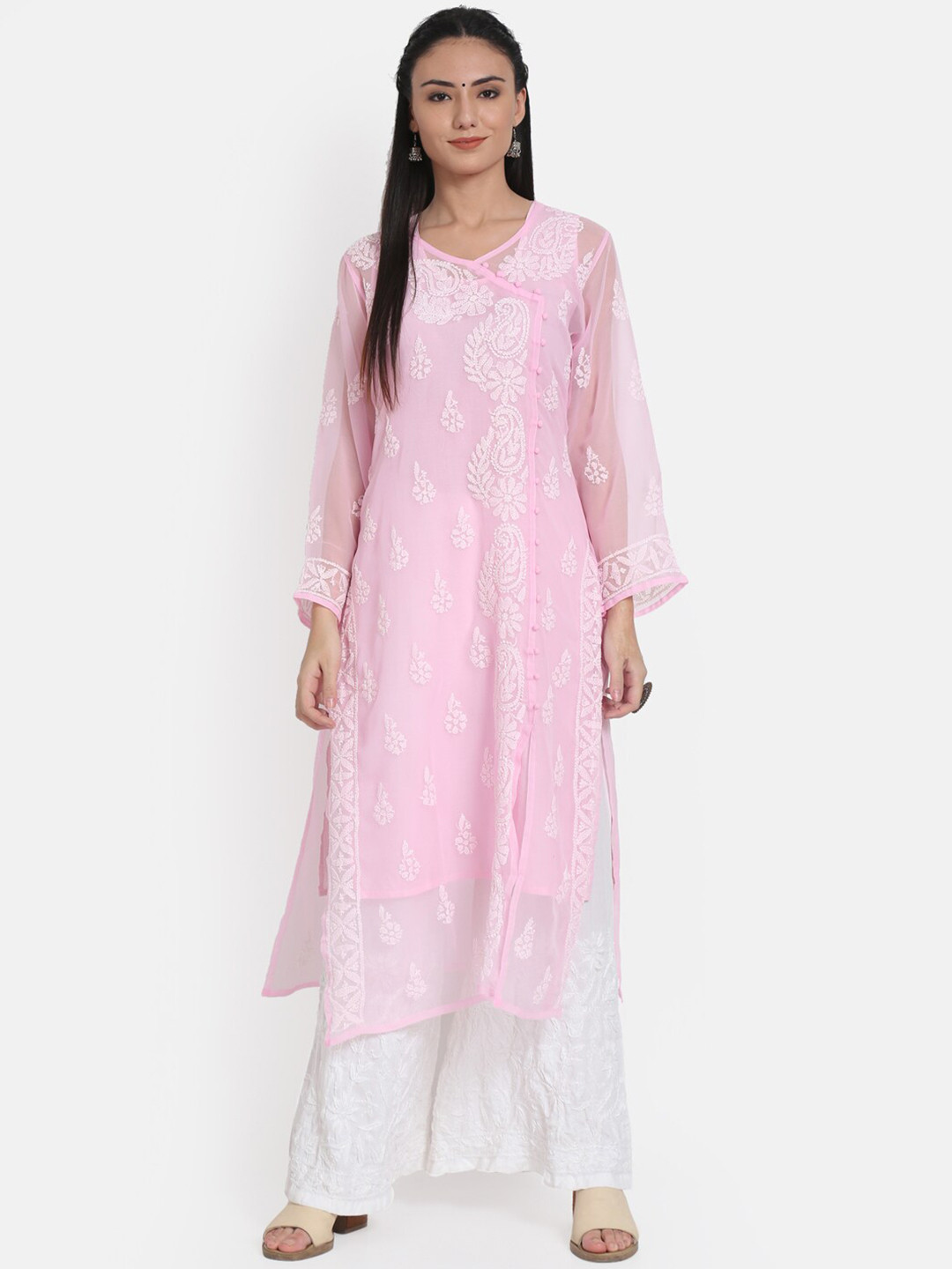 

PARAMOUNT CHIKAN Women Pink Ethnic Motifs Embroidered Chikankari Georgette Angrakha Kurta