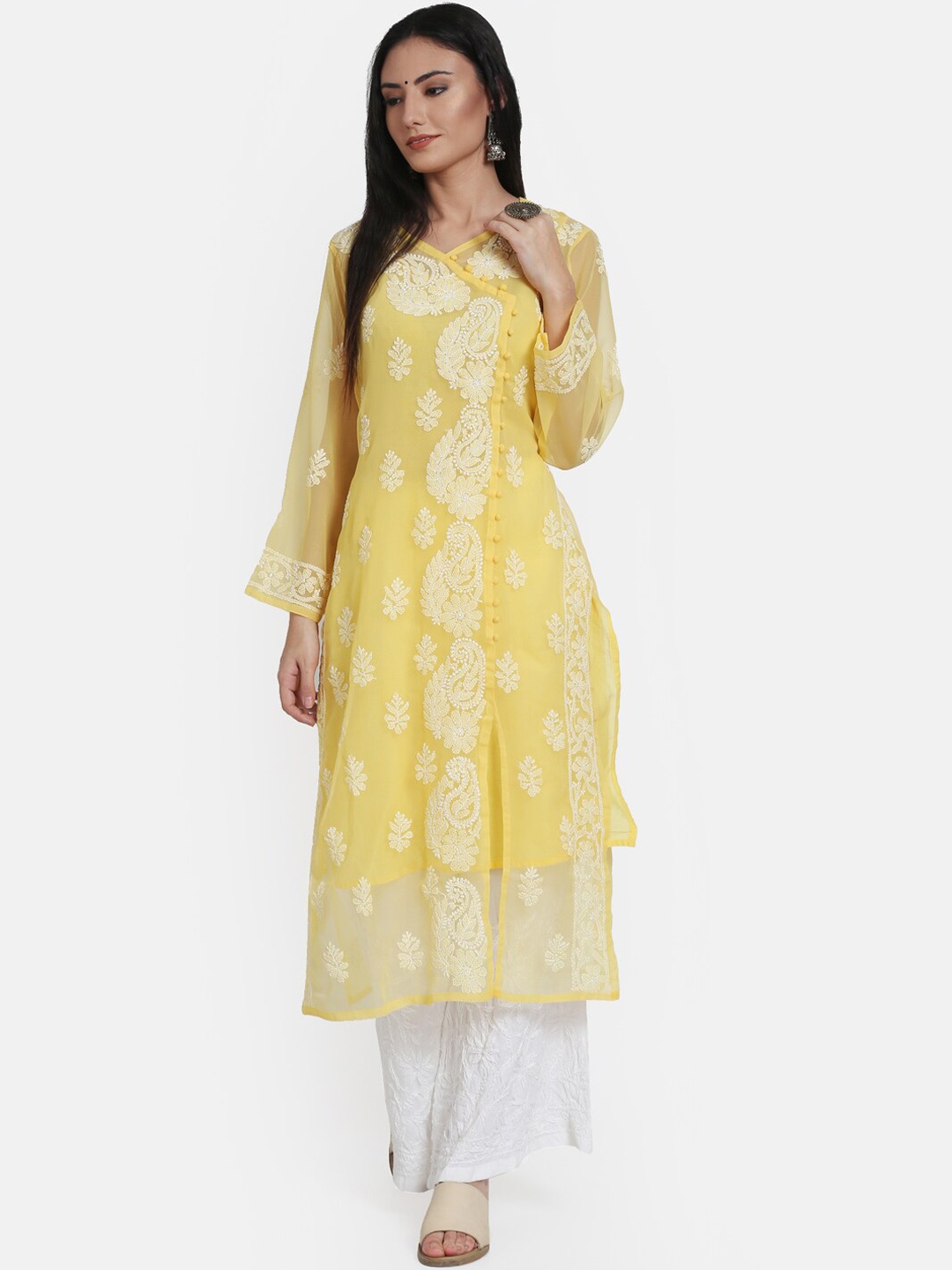 

PARAMOUNT CHIKAN Women Yellow Ethnic Embroidered Chikankari Georgette Angrakha Kurta