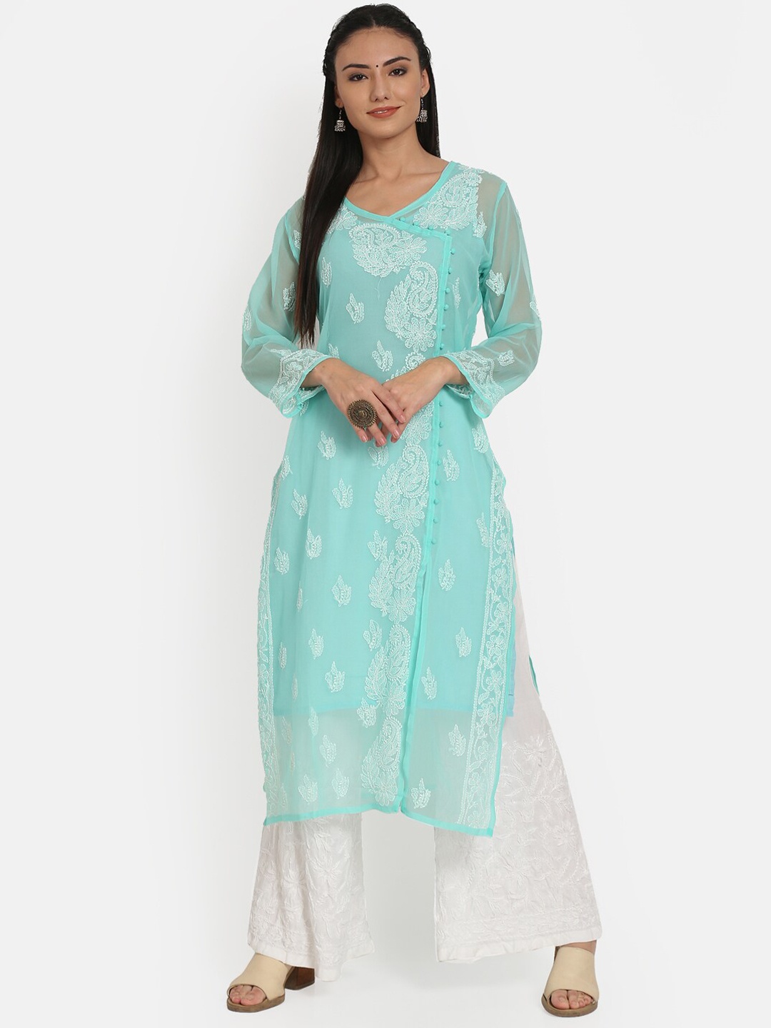 

PARAMOUNT CHIKAN Women Sea Green Ethnic Motifs Embroidered Chikankari Angrakha Kurta