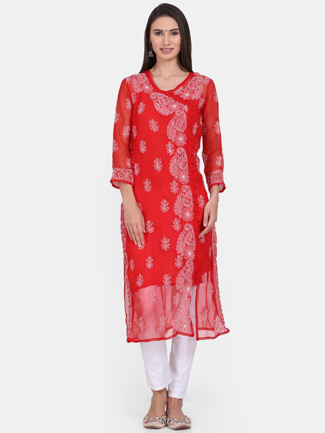 

PARAMOUNT CHIKAN Women Red Ethnic Motifs Embroidered Chikankari Georgette Angrakha Kurta