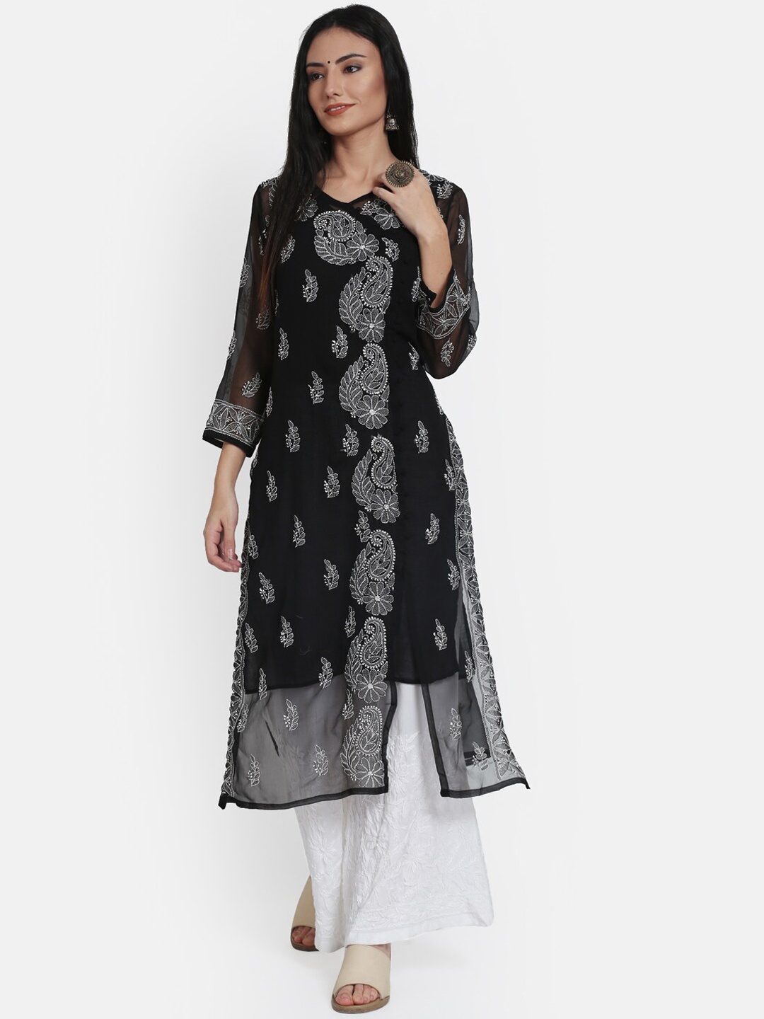 

PARAMOUNT CHIKAN Women Black Ethnic Motifs Embroidered Chikankari Georgette Angrakha Kurta