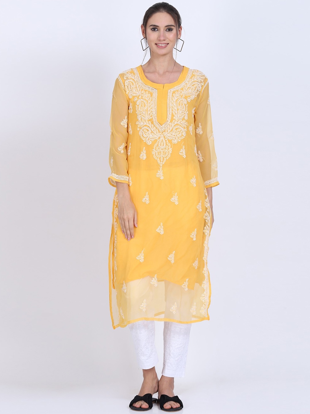 

PARAMOUNT CHIKAN Women Mustard Yellow Ethnic Motifs Chikankari Embroidered Georgette Kurta