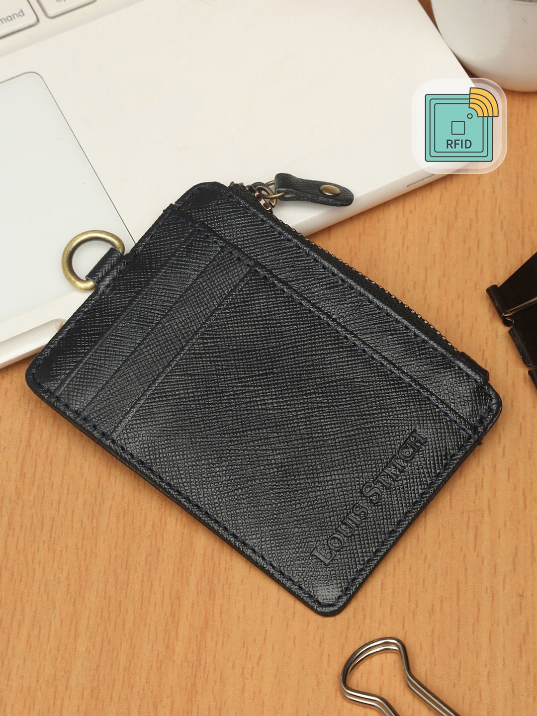 LOUIS STITCH Blue Saffiano Leather Slim ID Card Holder Wallet Purse with Zip Pocket