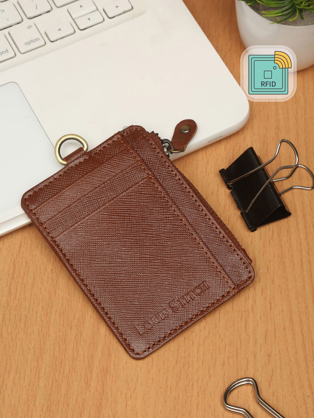 

LOUIS STITCH Tan Saffiano Leather Slim ID Card Holder Wallet Purse with Zip Pocket, Brown