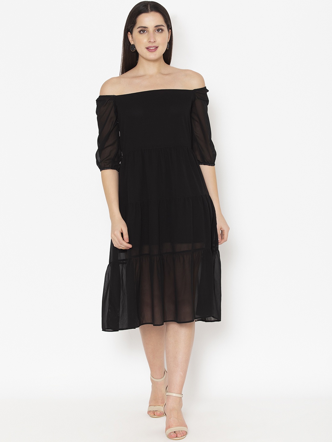 

Modriba Black Off-Shoulder Georgette A-Line Dress