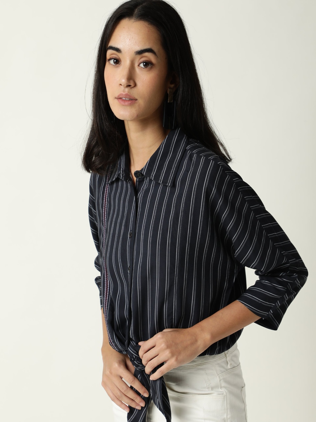 

RAREISM Women Navy Blue Striped Shirt Style Crop Top