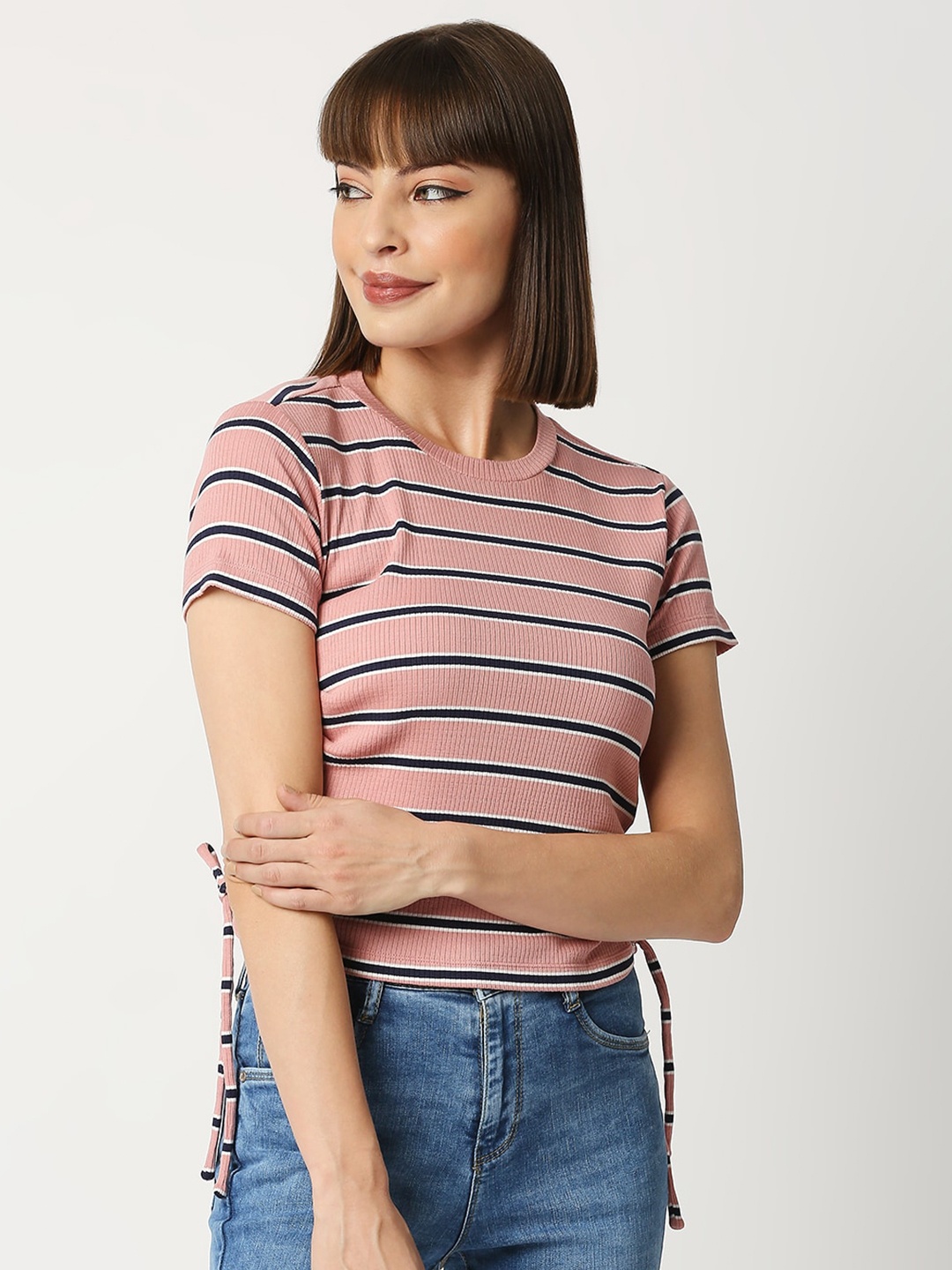

Kraus Jeans Women Pink Striped Slim Fit T-shirt