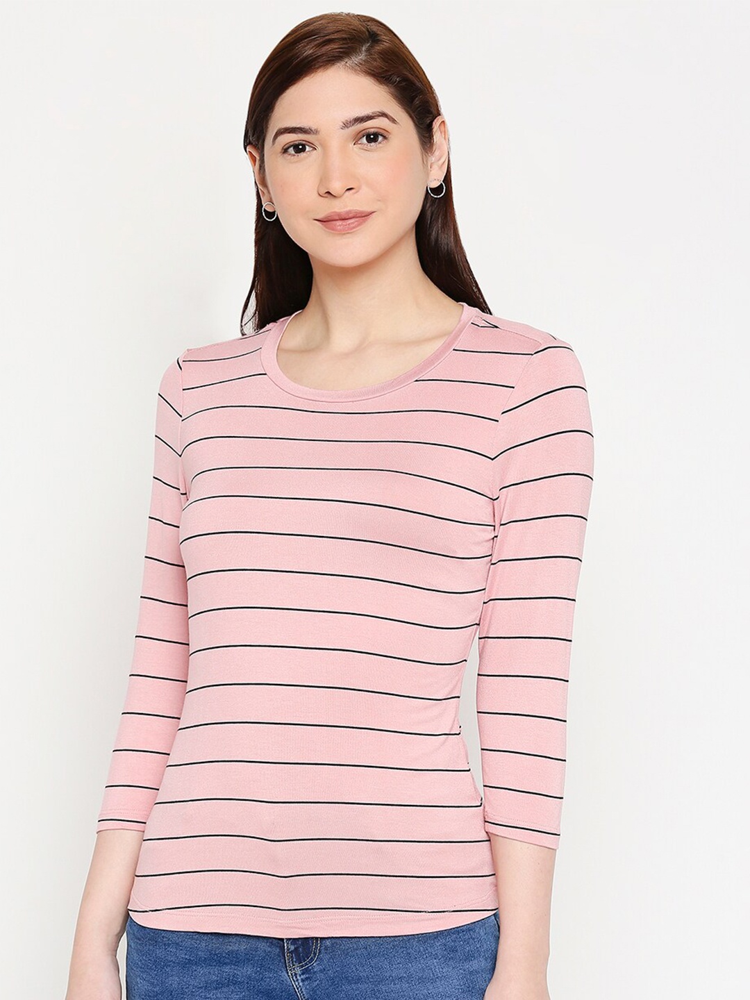 

Kraus Jeans Women Pink & Black Striped Slim Fit T-shirt