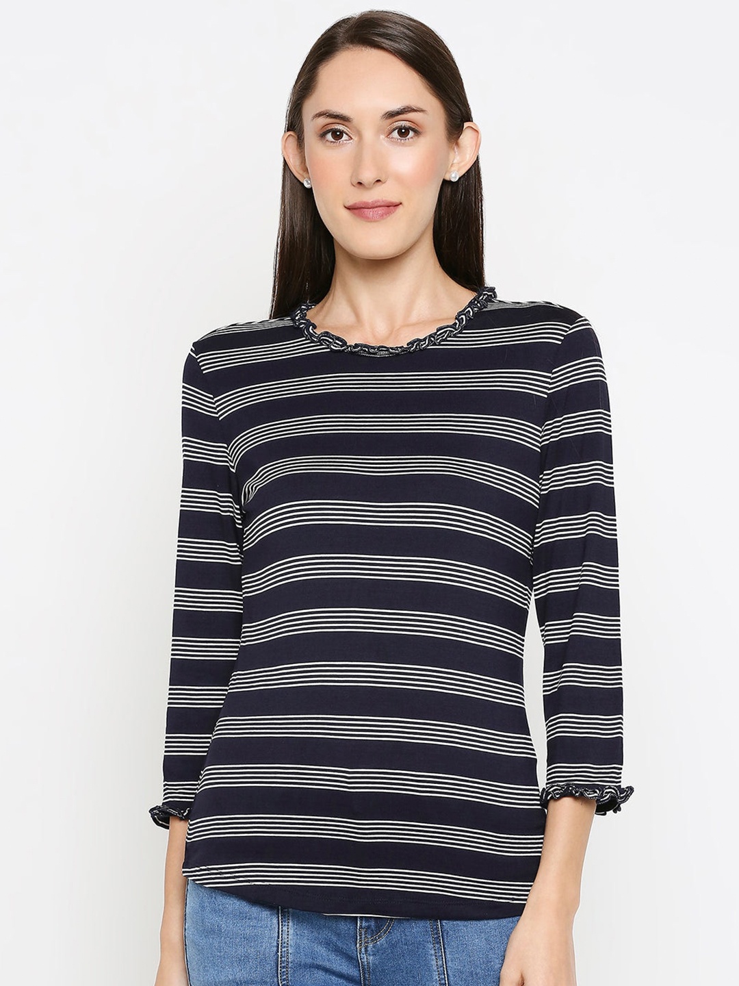 

Kraus Jeans Women Navy Blue Striped Slim Fit T-shirt