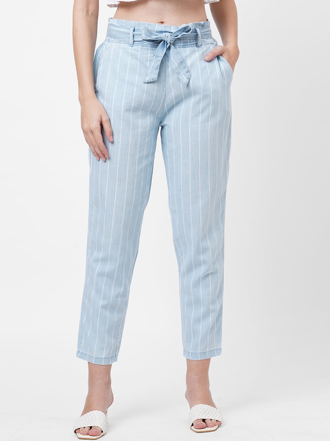 

Kraus Jeans Women Blue Striped Loose Fit High-Rise Cotton Trousers