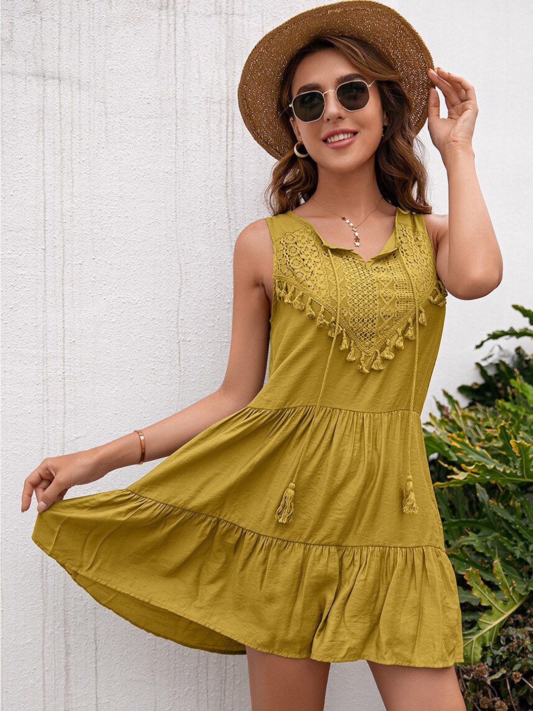 

StyleCast Women Mustard Yellow Tie-Up Neck A-Line Dress