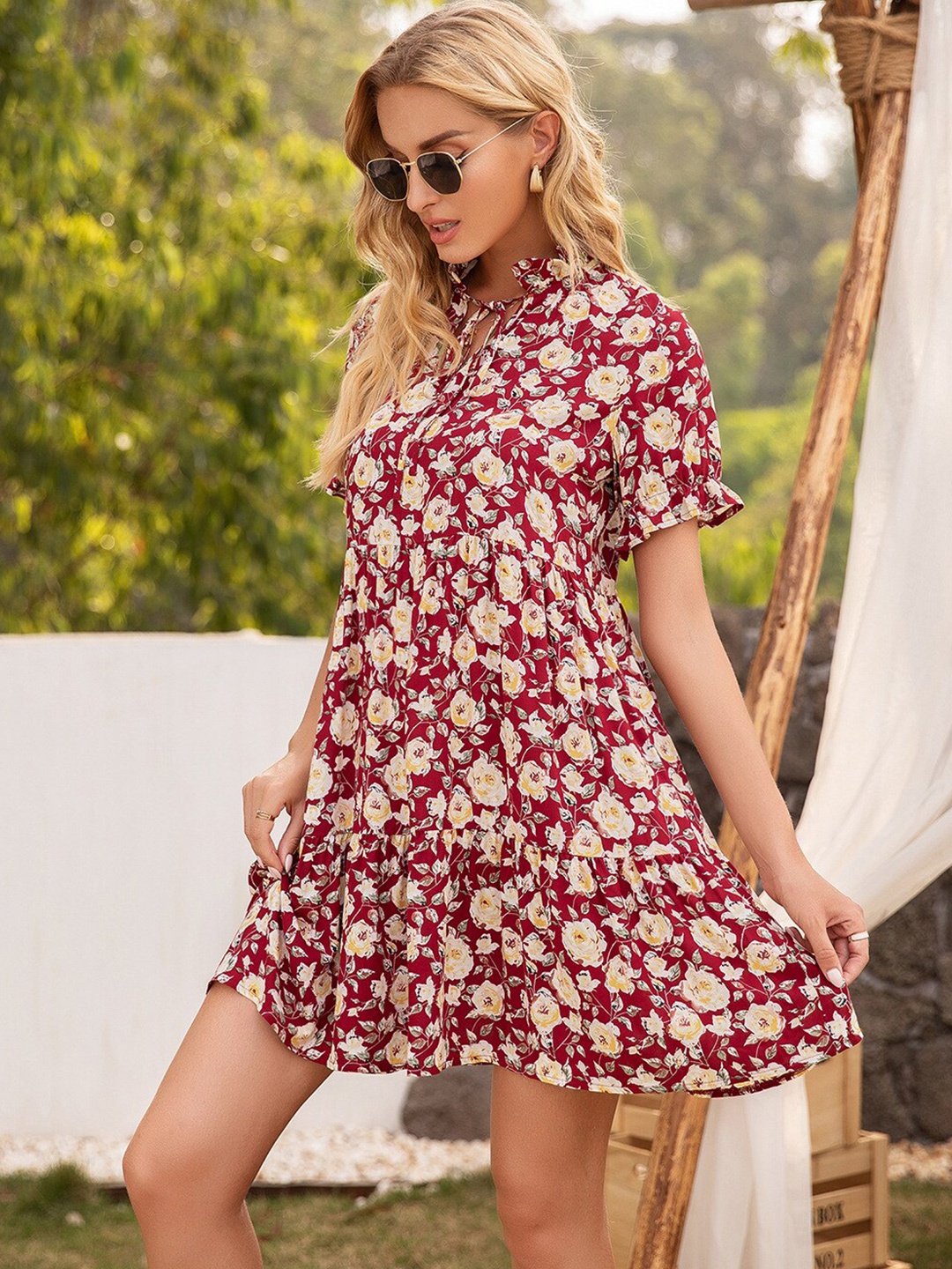 

StyleCast Maroon Floral Tie-Up Neck A-Line Dress