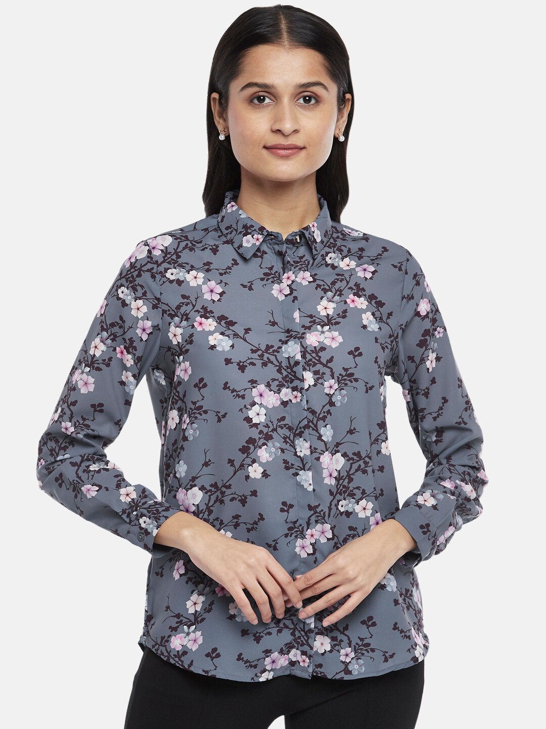 

Annabelle by Pantaloons Women Grey Floral Print Shirt Style Top