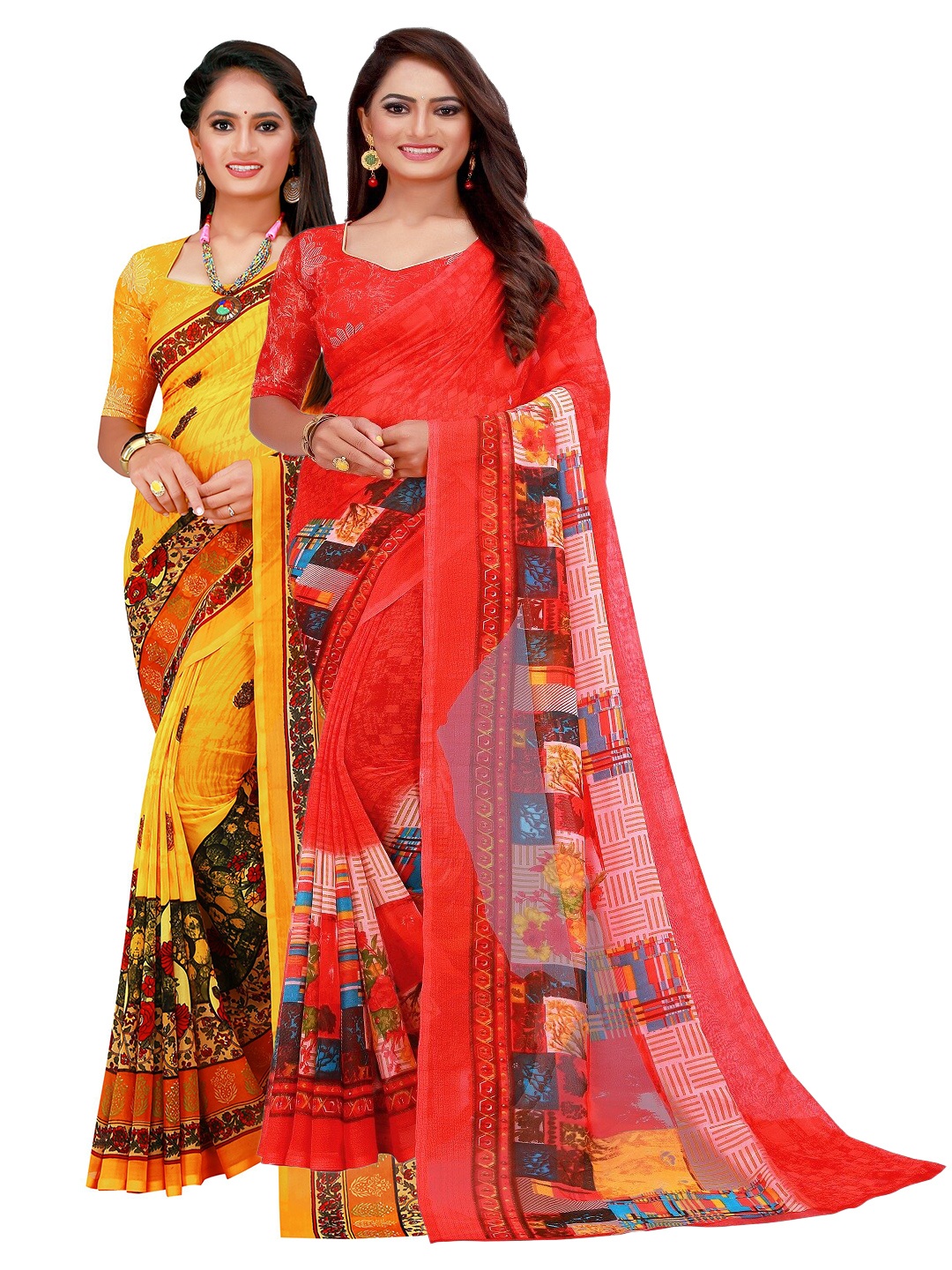 

SAADHVI Pack Of 2 Red & Yellow Floral Pure Georgette Saree
