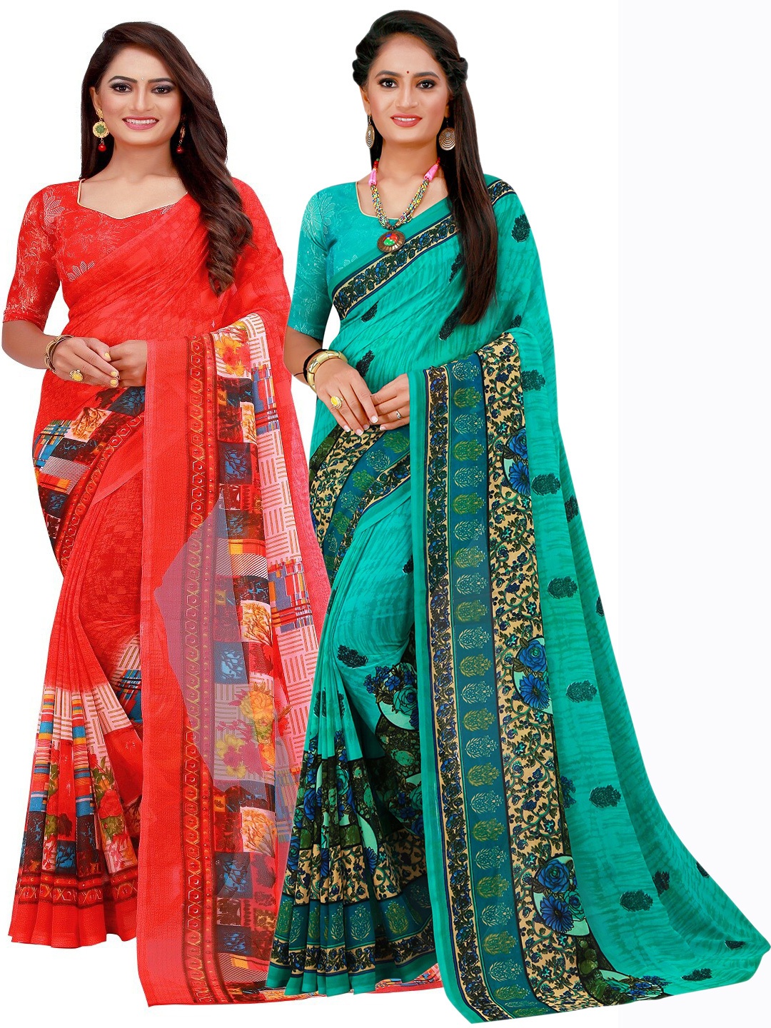 

SAADHVI Red & Teal Set of 2 Pure Georgette Saree