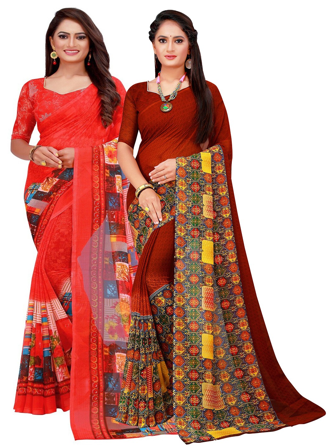 

SAADHVI Red & Brown Set Of 2 Floral Pure Georgette Saree