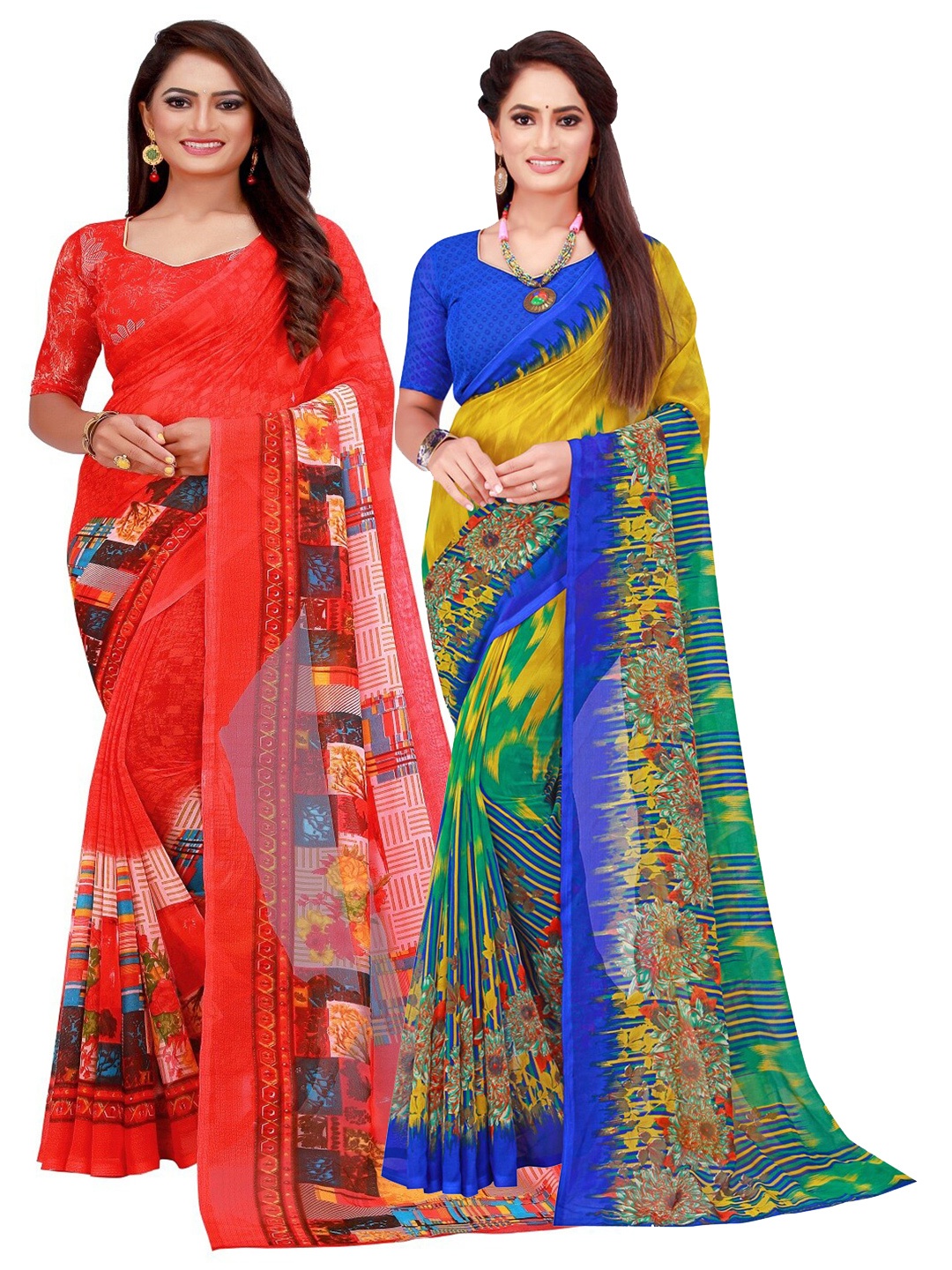 SAADHVI Pack Of 2 Red & Blue Floral Printed Pure Georgette Saree
