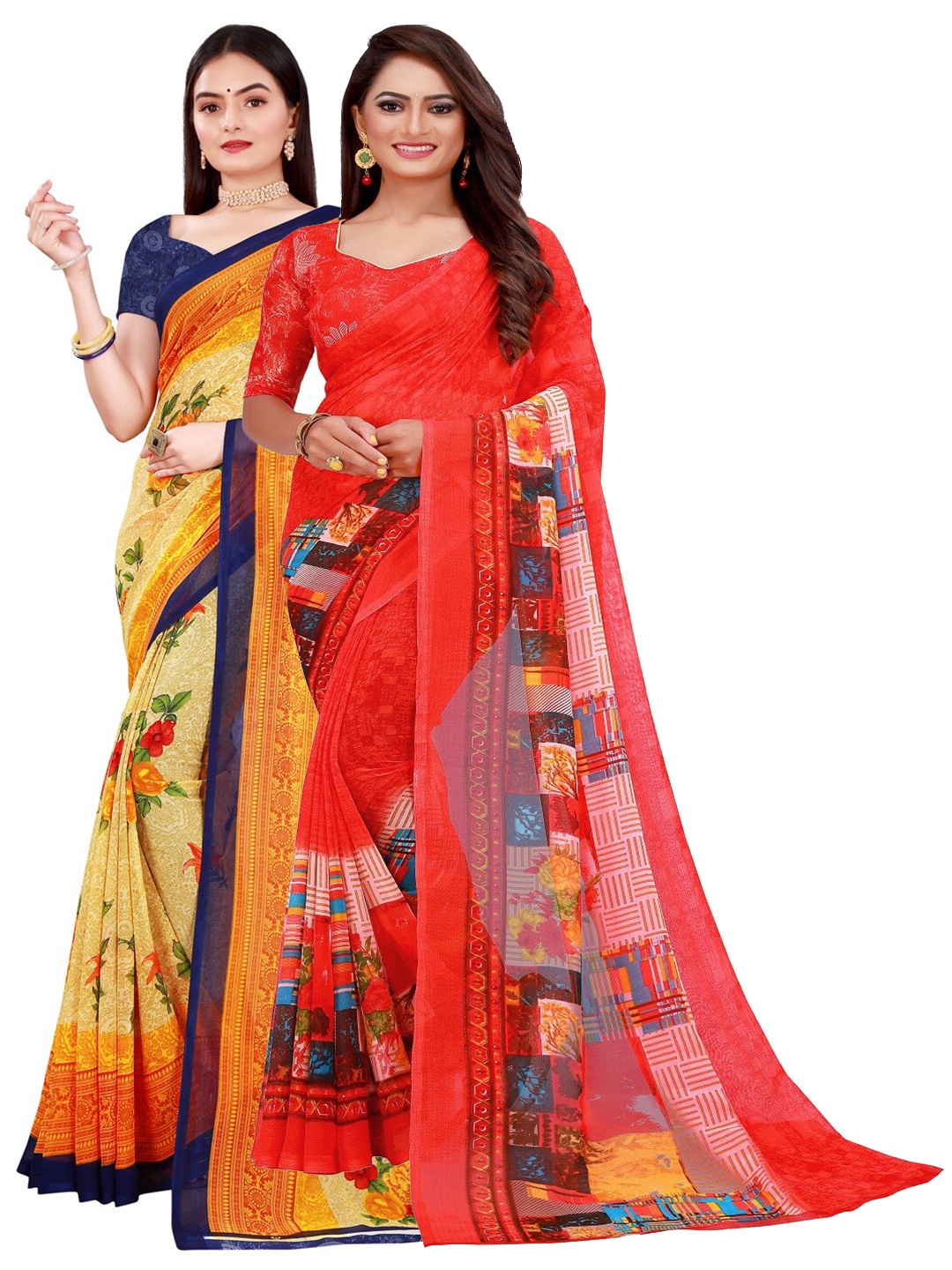 

SAADHVI Mustard & Red Pure Georgette Saree