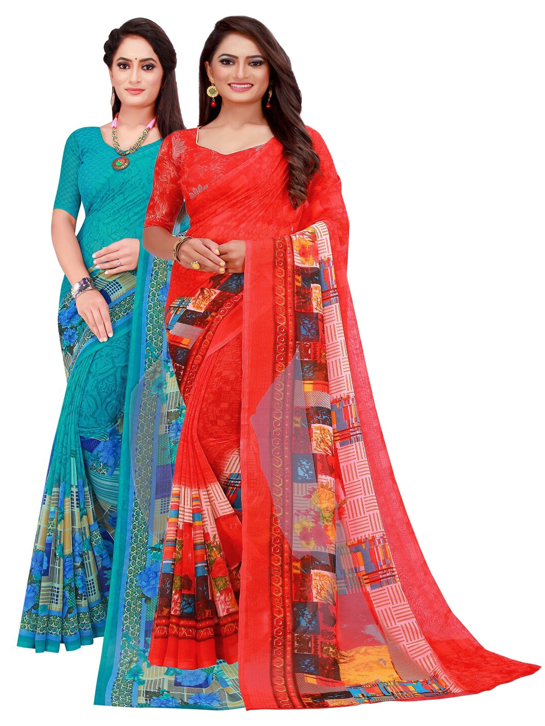 

SAADHVI Teal & Red Pure Georgette Saree