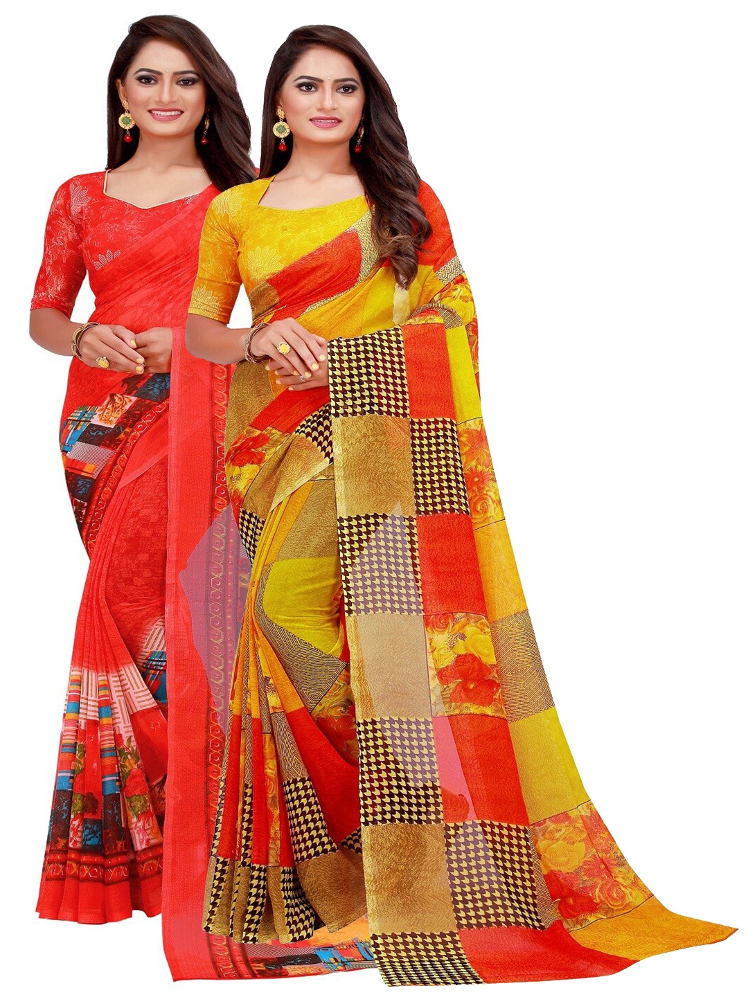 

SAADHVI Red & Yellow Pure Georgette Saree