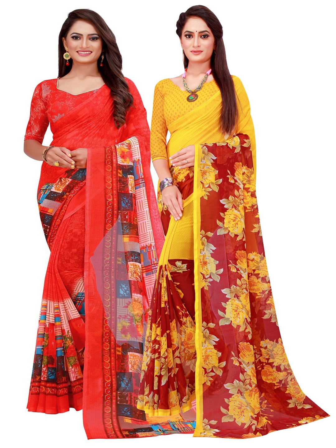 

SAADHVI Red & Yellow Set of 2 Pure Georgette Saree