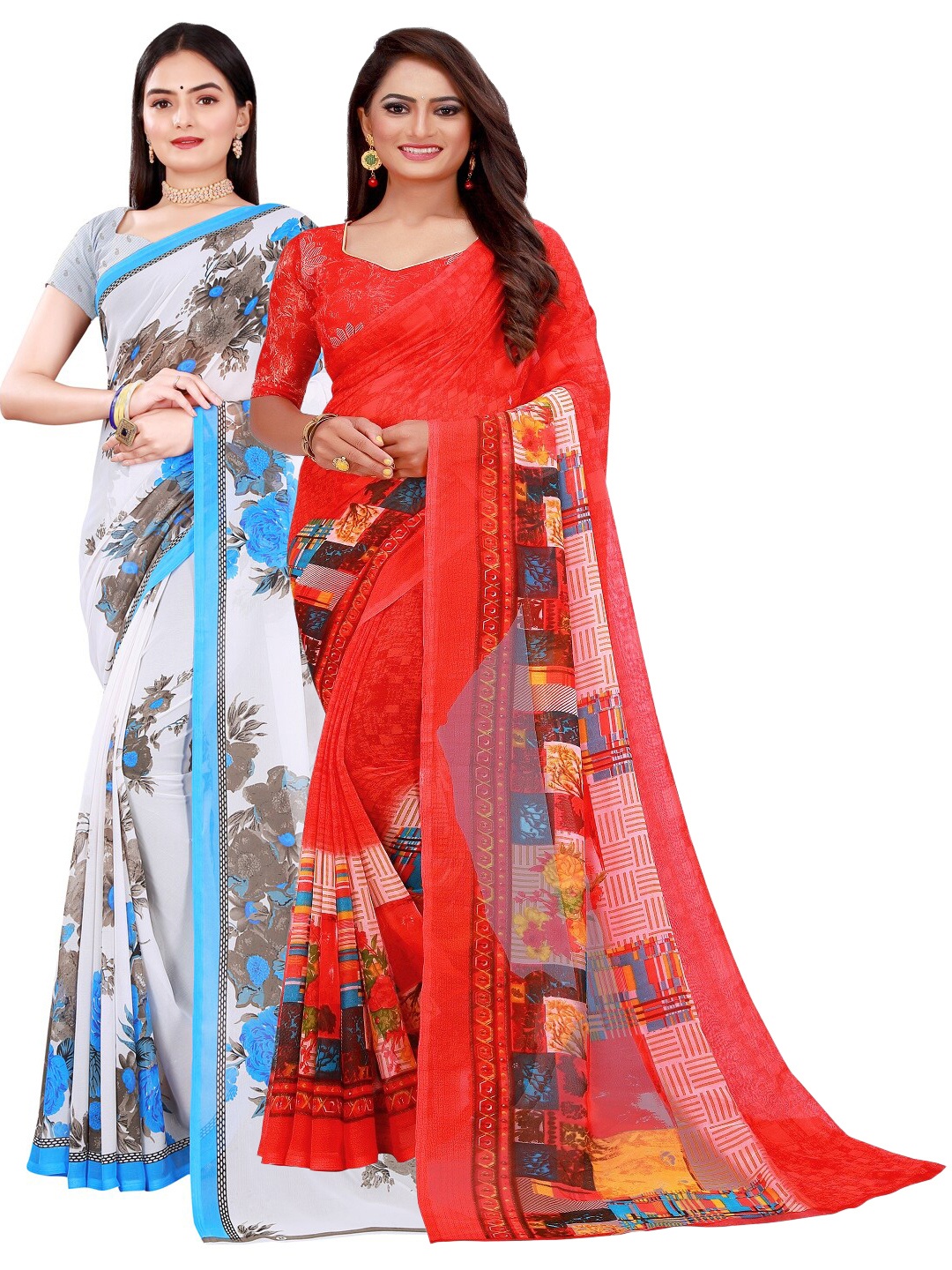 

SAADHVI Pack Of 2 Red & White Pure Georgette Saree
