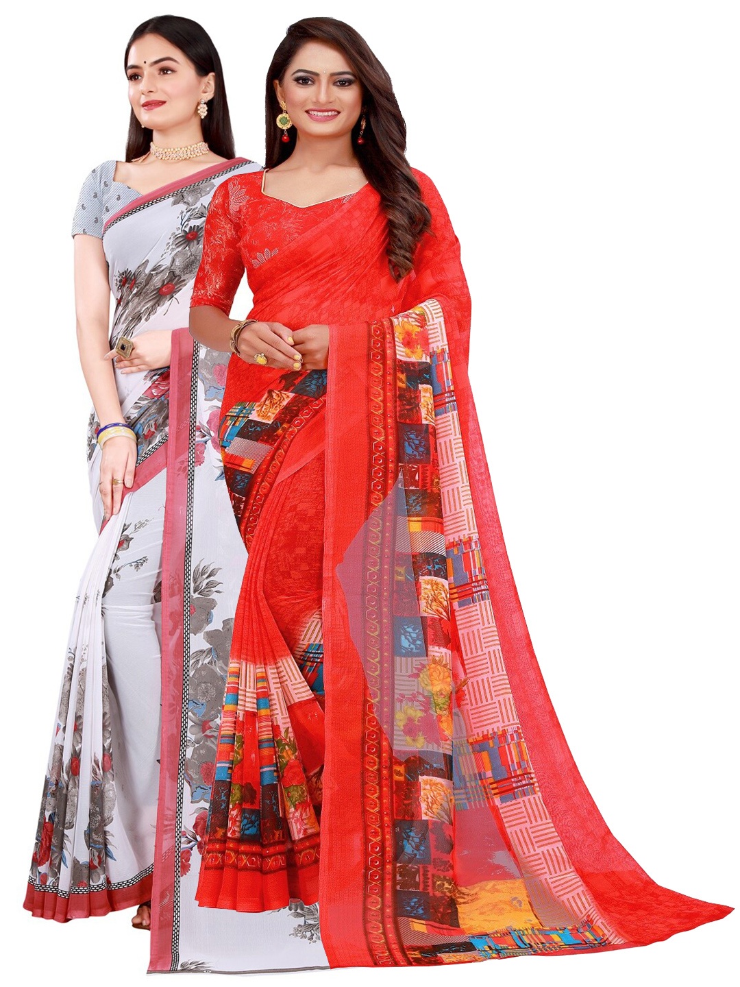 

SAADHVI White & Red Floral Printed Pure Georgette Saree Pack Of 2