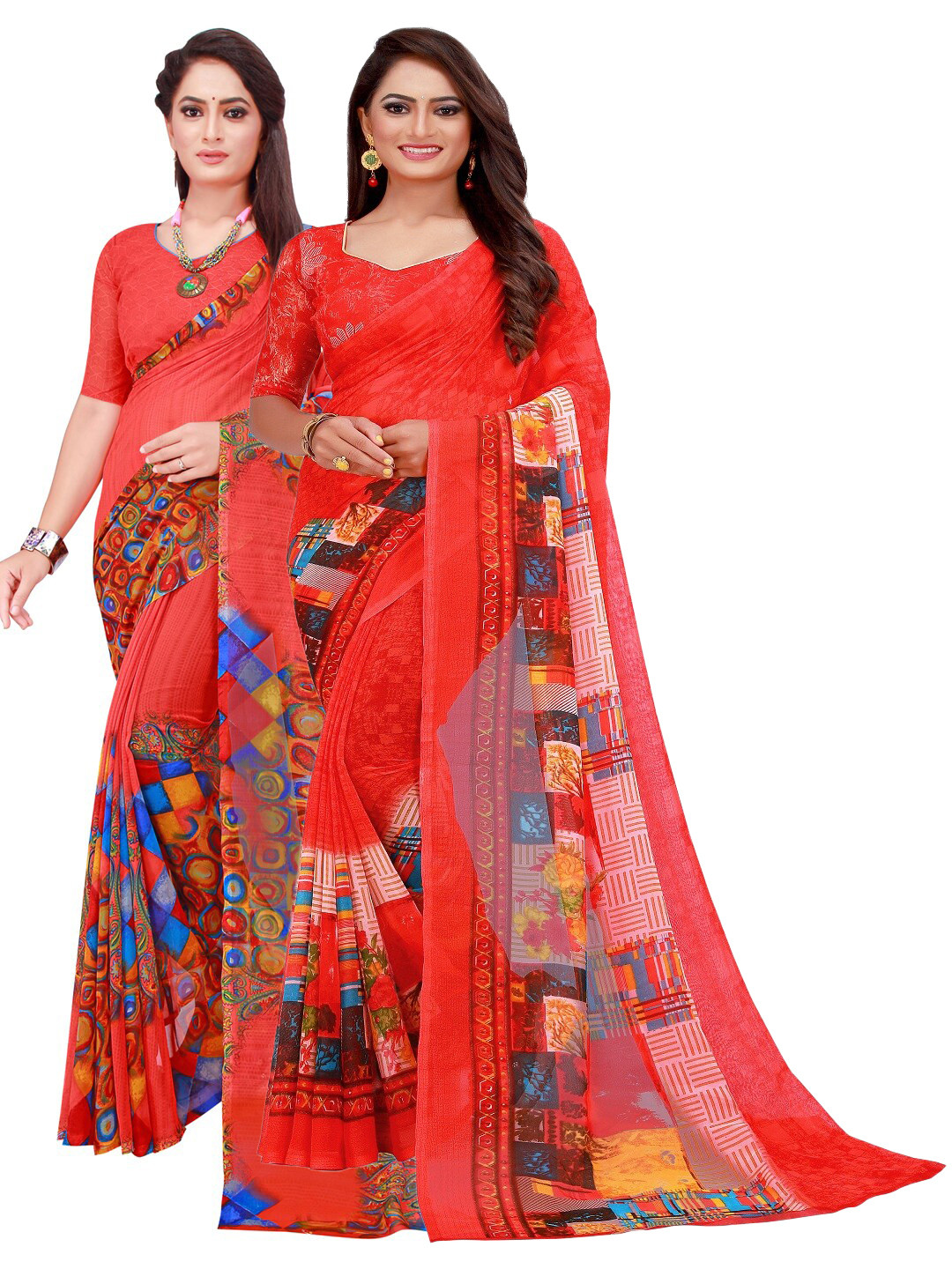 

SAADHVI Pack Of 2 Red & Blue Pure Georgette Saree