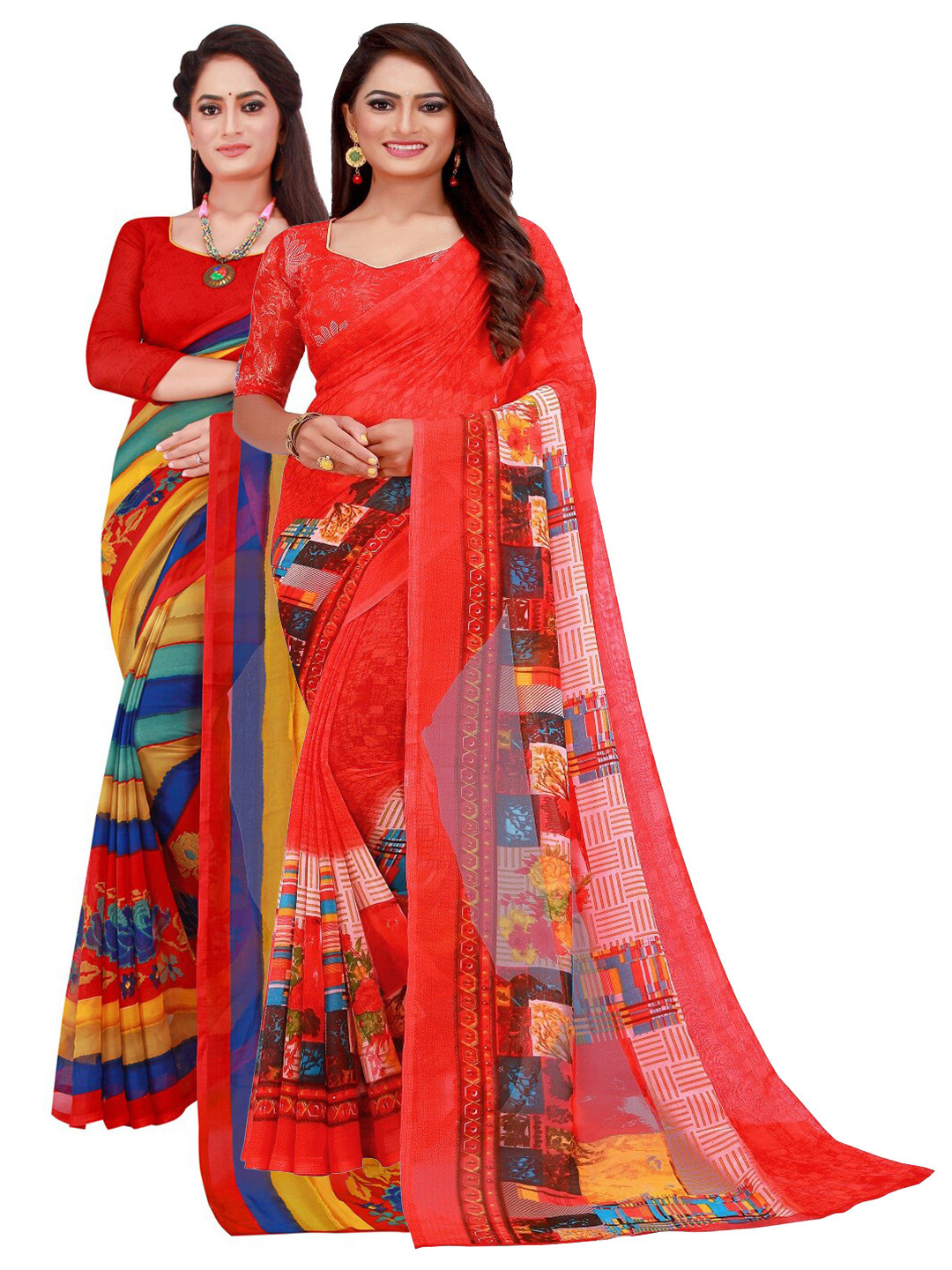 

SAADHVI Pack Of 2 Red & Blue Pure Georgette Saree