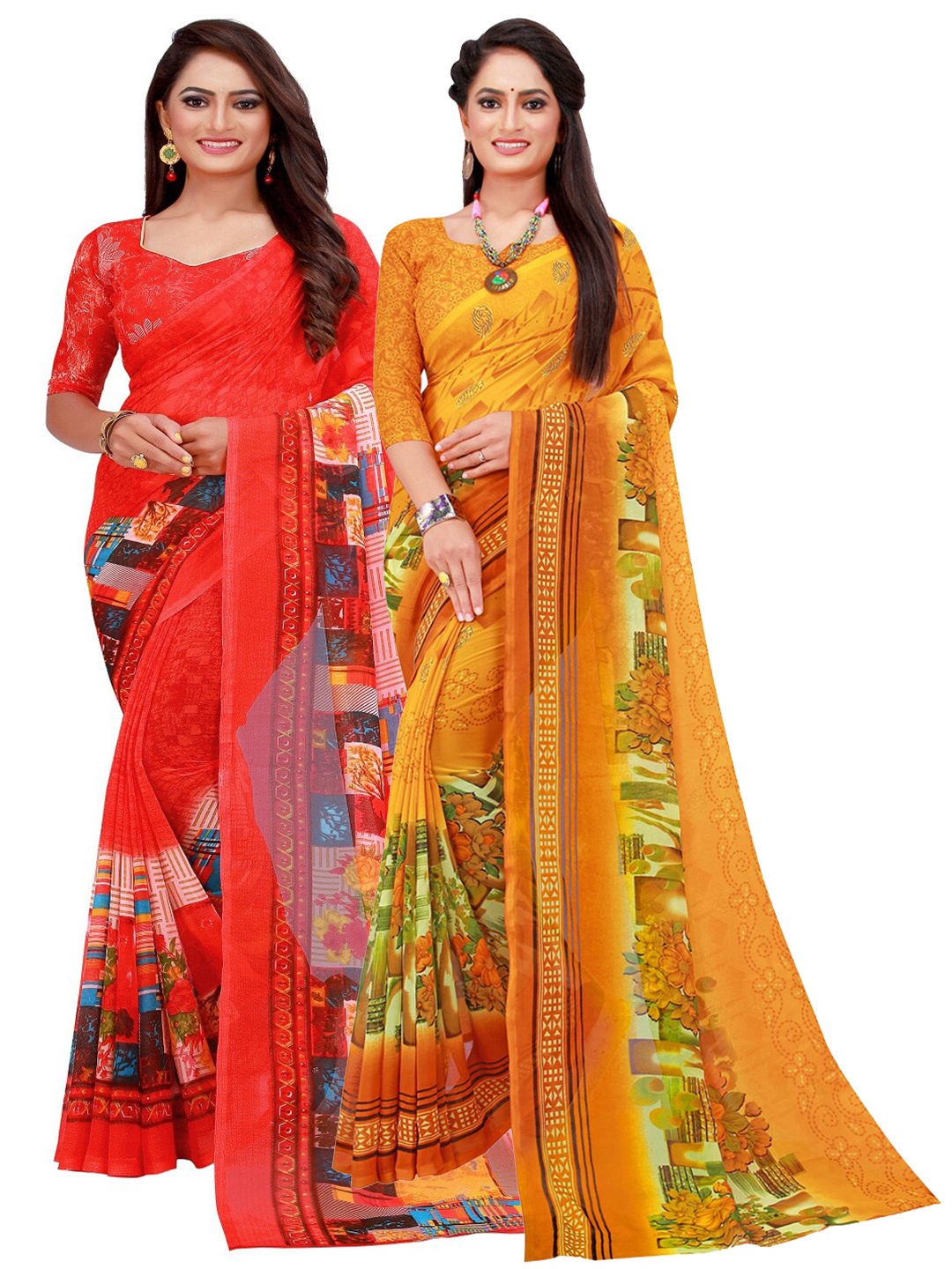 

SAADHVI Pack Of 2 Red & Orange Pure Georgette Saree