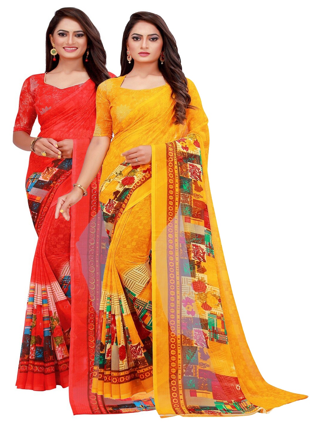 

SAADHVI Pack of 2 Printed Pure Georgette Sarees, Red