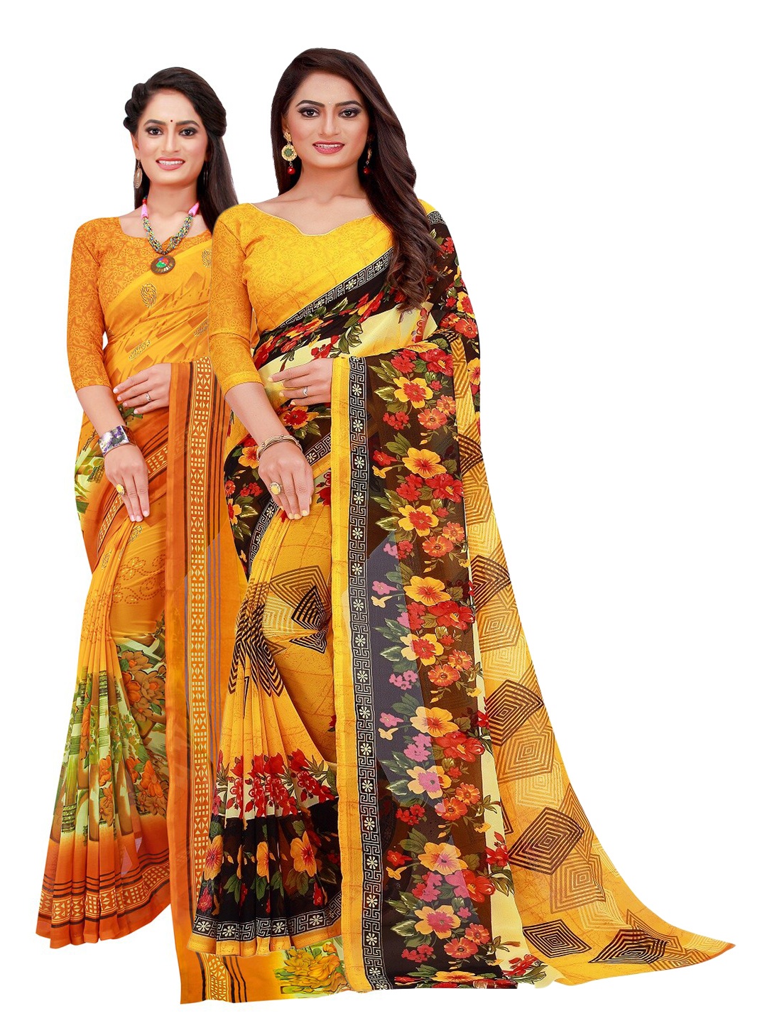 

SAADHVI Pack of 2 Yellow & Orange Pure Georgette Sarees