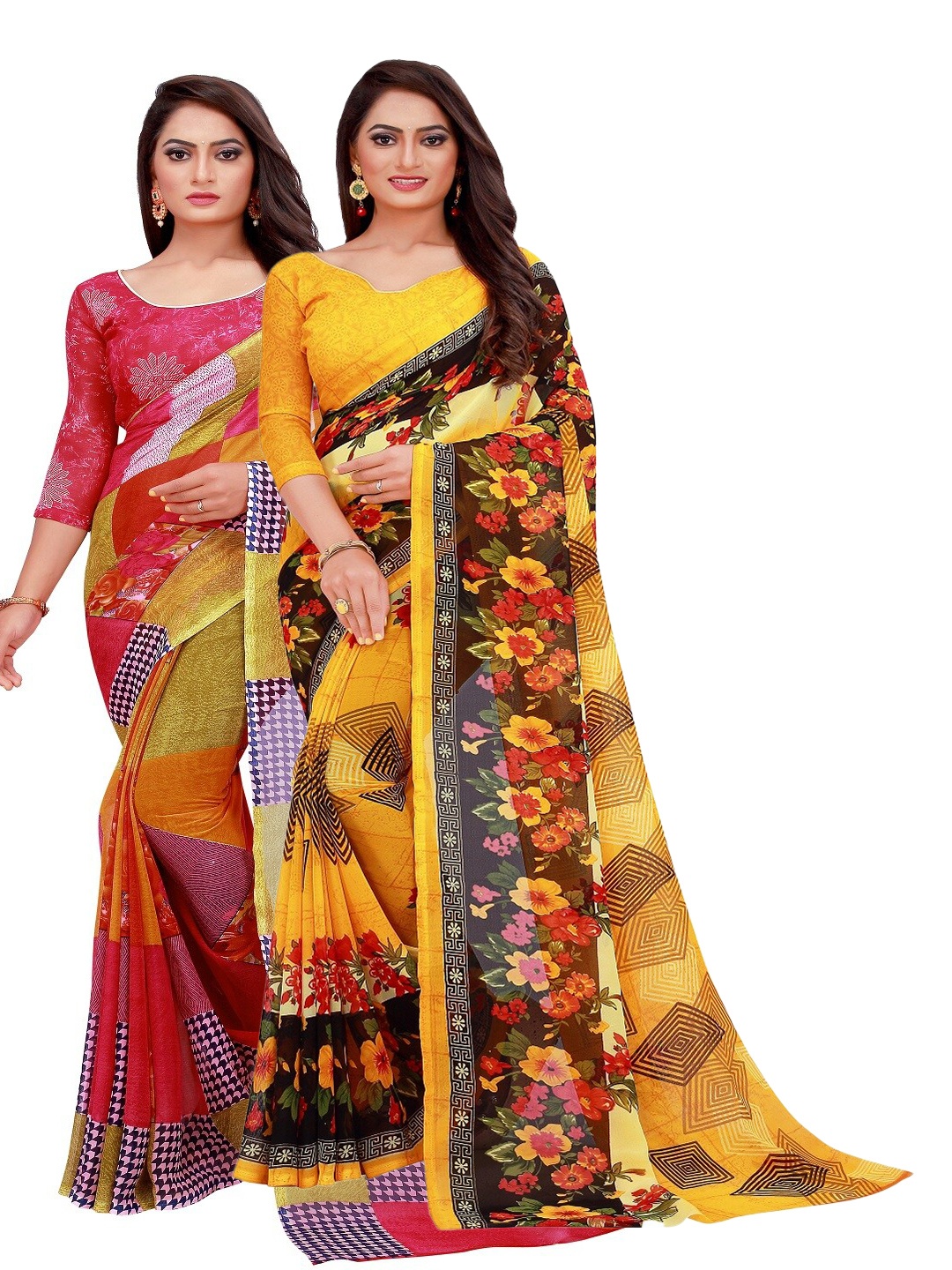 

SAADHVI Pack of 2 Red & Yellow Printed Saree