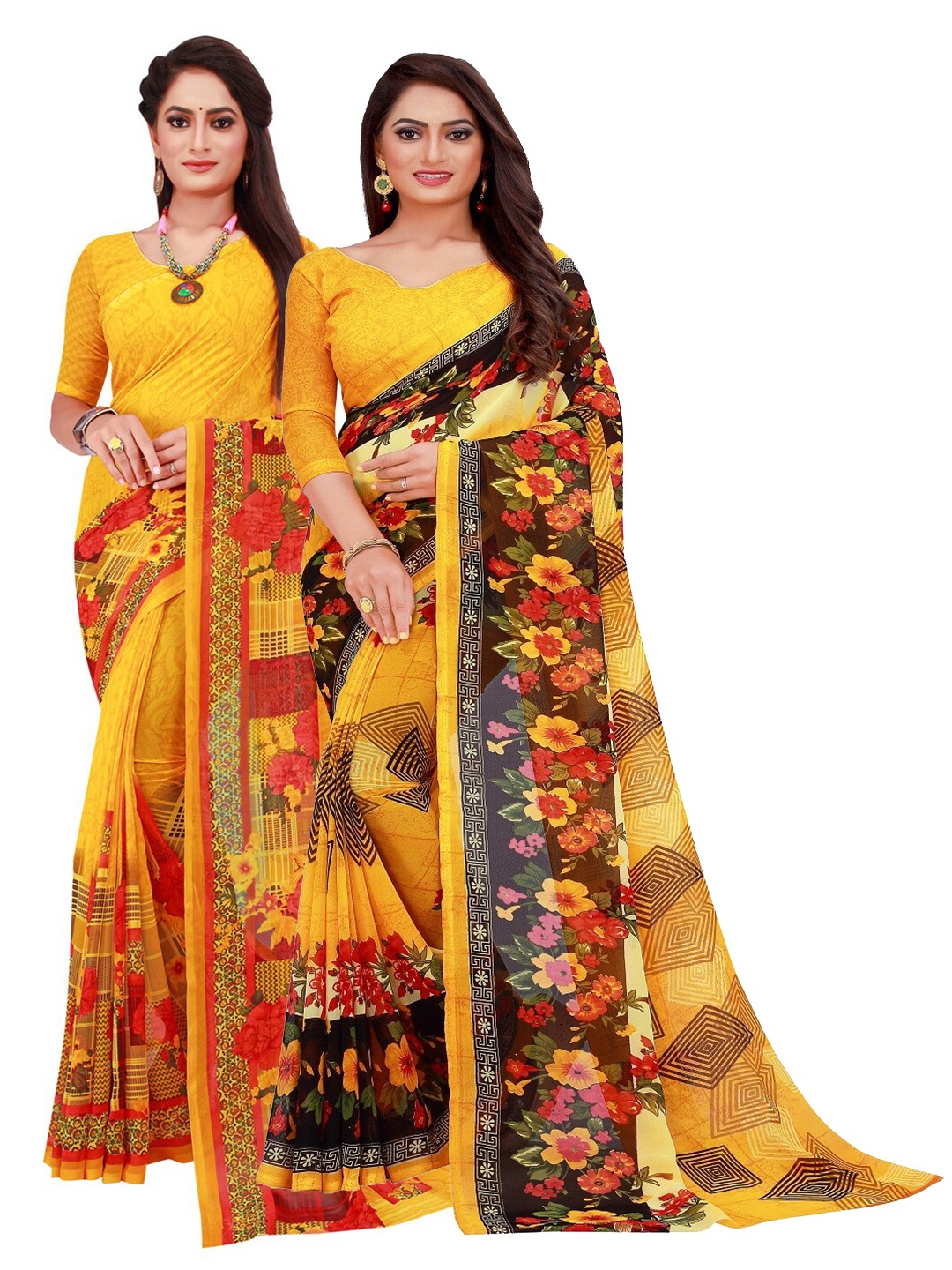 

SAADHVI Yellow & Black Floral Pure Georgette Saree